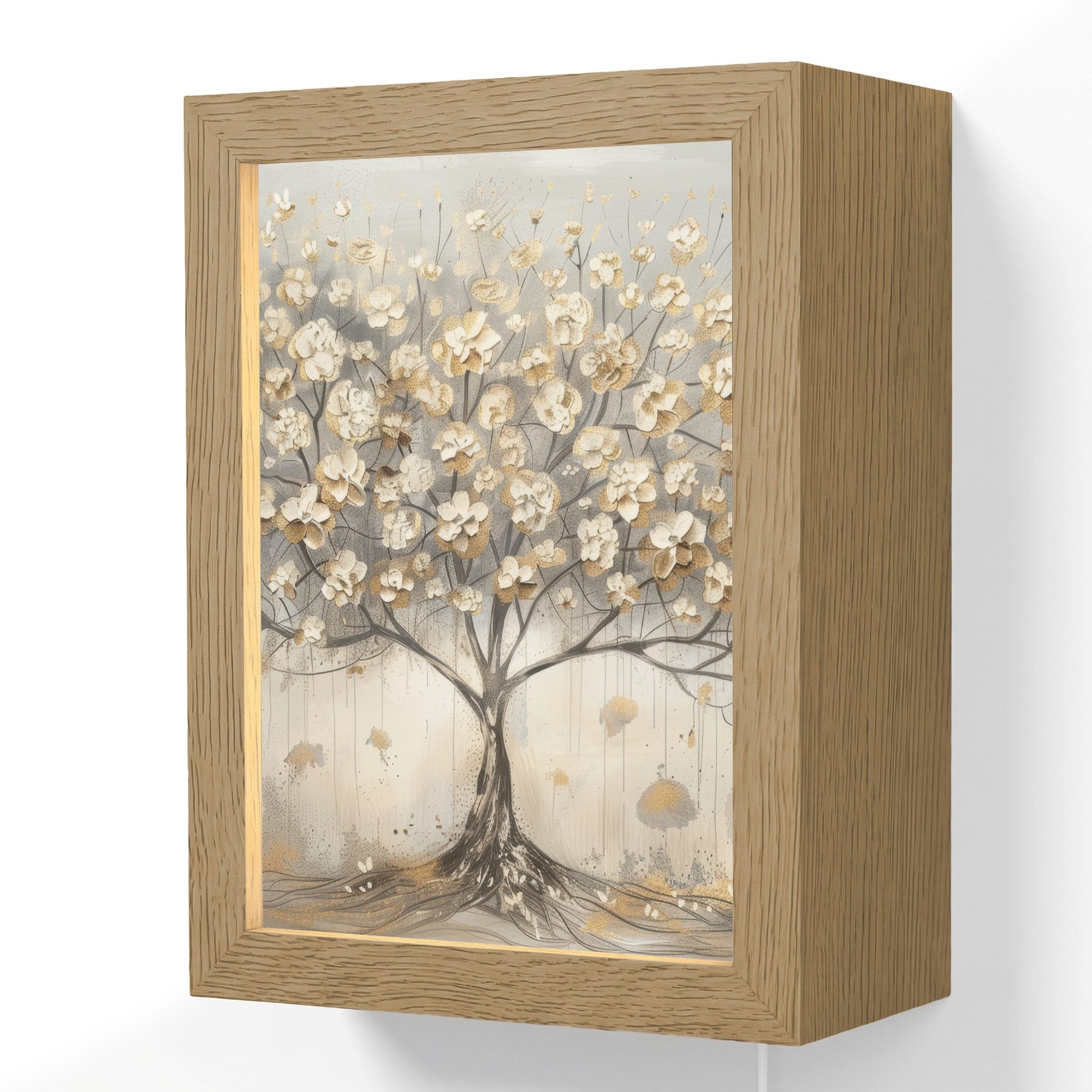 OnlyWow Wandleuchte Lightbox Baum - Beige - Gold - Lackoptik - Grau, Dimmbar, Farbwechsel, LED, Warmweiß, Kaltweiß, Neutralweiß Einstellbar, Wandlampe Innen, Dimmbar, mit Kabel, LED, Beleuchtung, Wohnzimmer