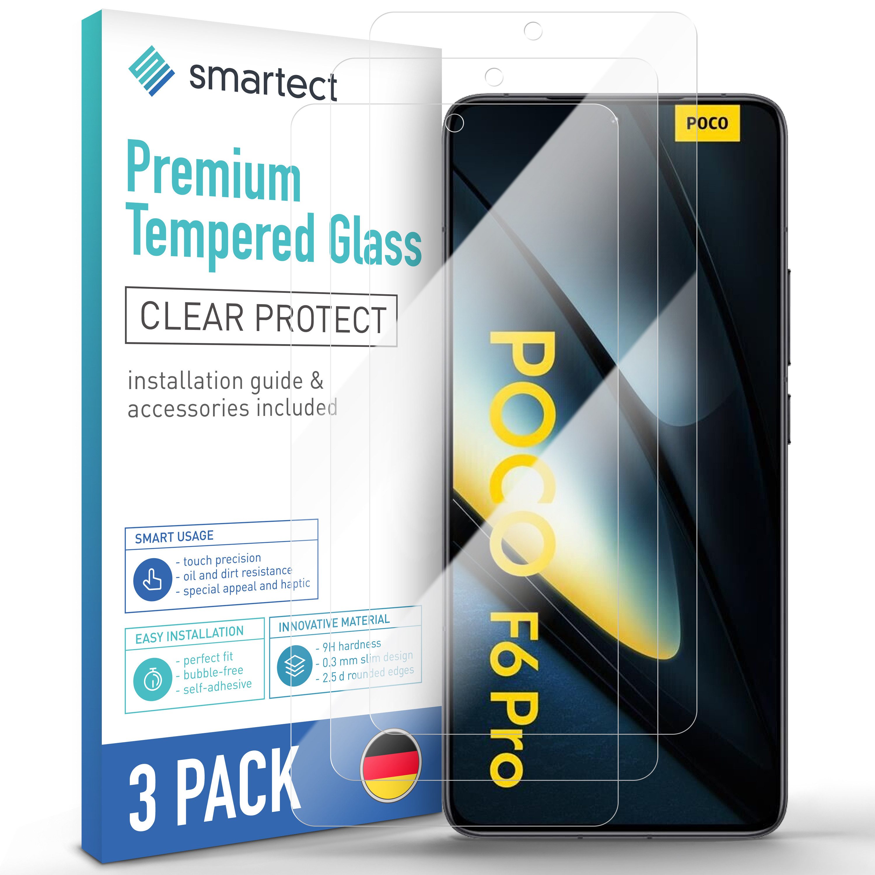 smartect Displayschutzglas Schutzglas Klar für Xiaomi Poco F6 Pro, 3 Stück für Xiaomi Poco F6 Pro, 3 Stück, Anti-Fingerabdruck, 9H HŠrte, Blasenfreie Installation