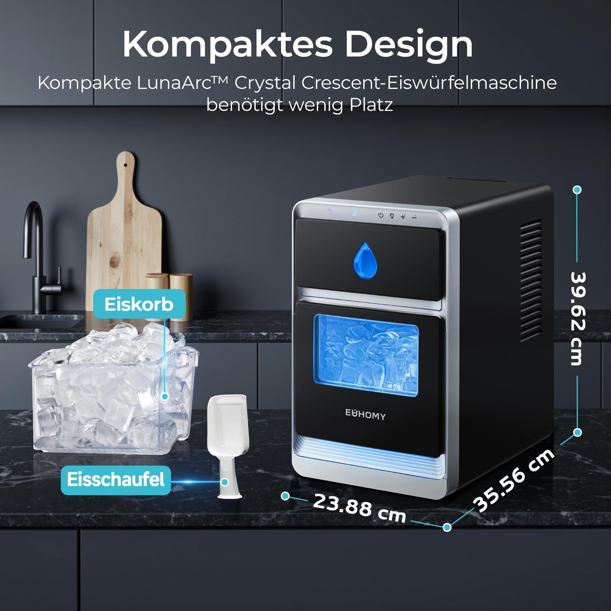 EUHOMY Eiswürfelmaschine Tragbarer Crescent-Eiswuerfelmaschine, 1600 Eis/Tag, Selbstreinigung, 1600 Stück/Tag, fertig in 12 Minuten, automatische Tiefenreinigun – Bild 5 von 5