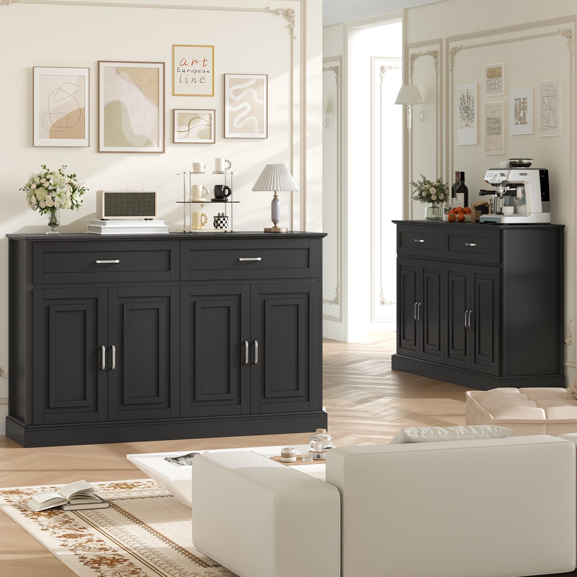 Homfa Sideboard Breite 140cm Küchenschrank Buffetschrank, mit Arbeitsplatte, verstellbaren Regalen, 140x39,5x92,5cm – Bild 4 von 5