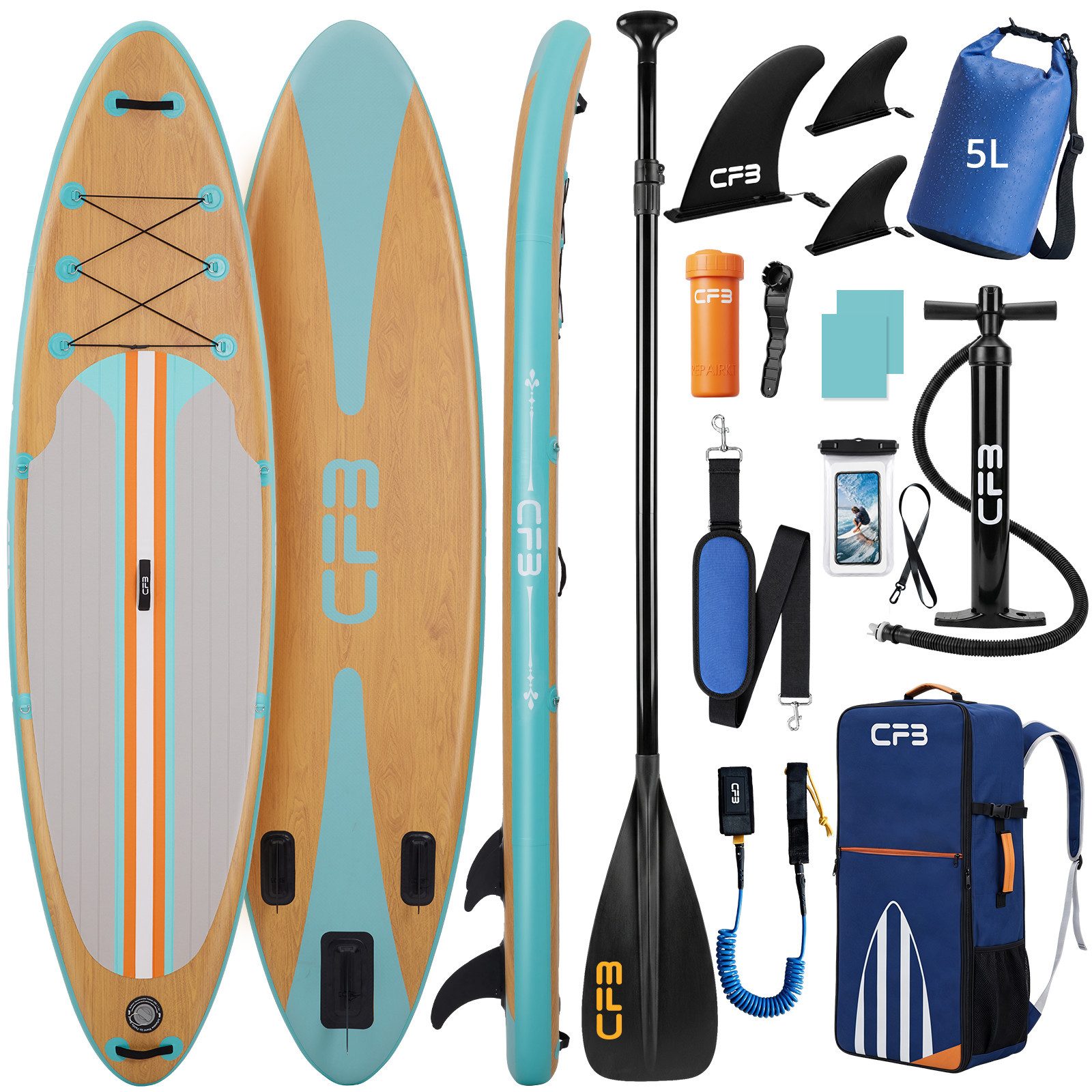 CFB SUP-Board Set 320x84x15 cm, 160 kg Traglast, extra breites iSUP in Holzoptik, aufblasbares Stand Up Paddle Board, (Inflatable SUP-Board, 12 tlg., Komplett-Set mit Alu-Paddel, Pumpe, Rucksack, 5L Dry Bag, Schultergurt), Das kipp-sichere Allround-Board für Anfänger & Familien