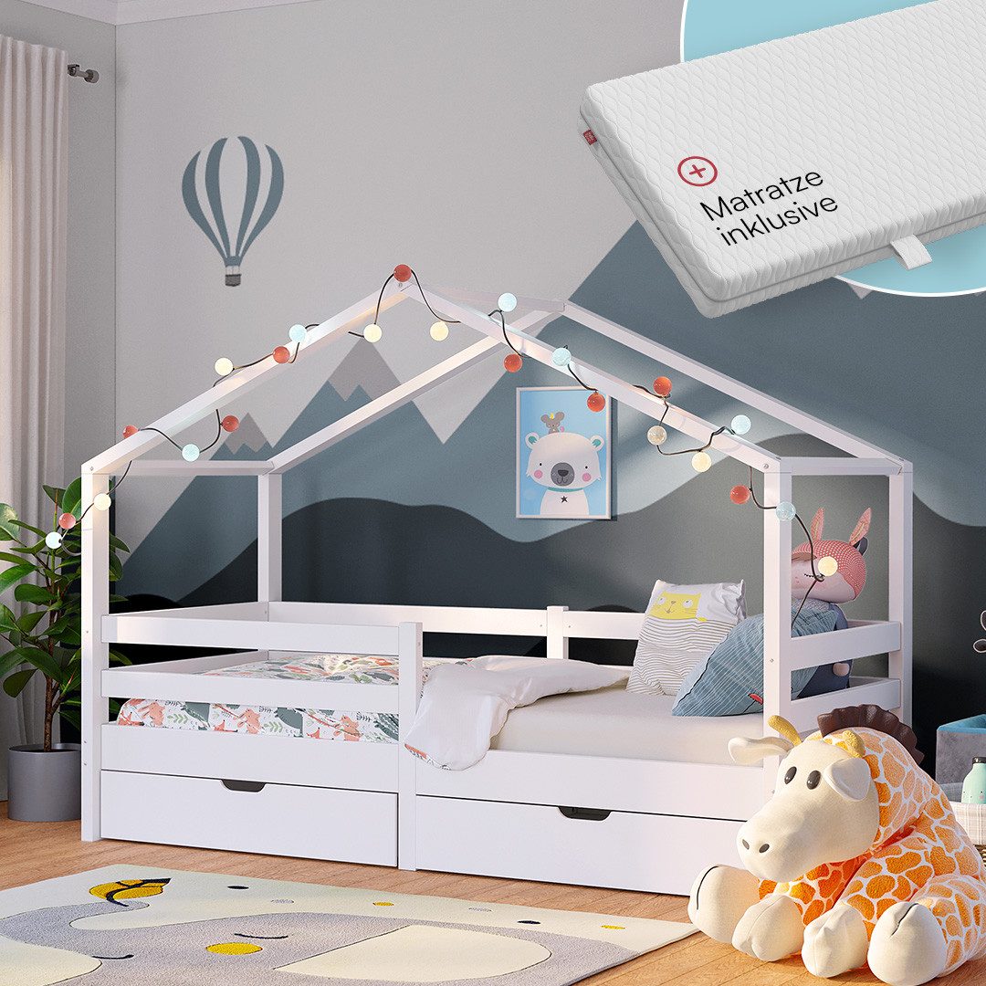Bellabino Hausbett Abia mit Lattenrost und Rausfallschutz (weiß, mit Matrat günstig online kaufen
