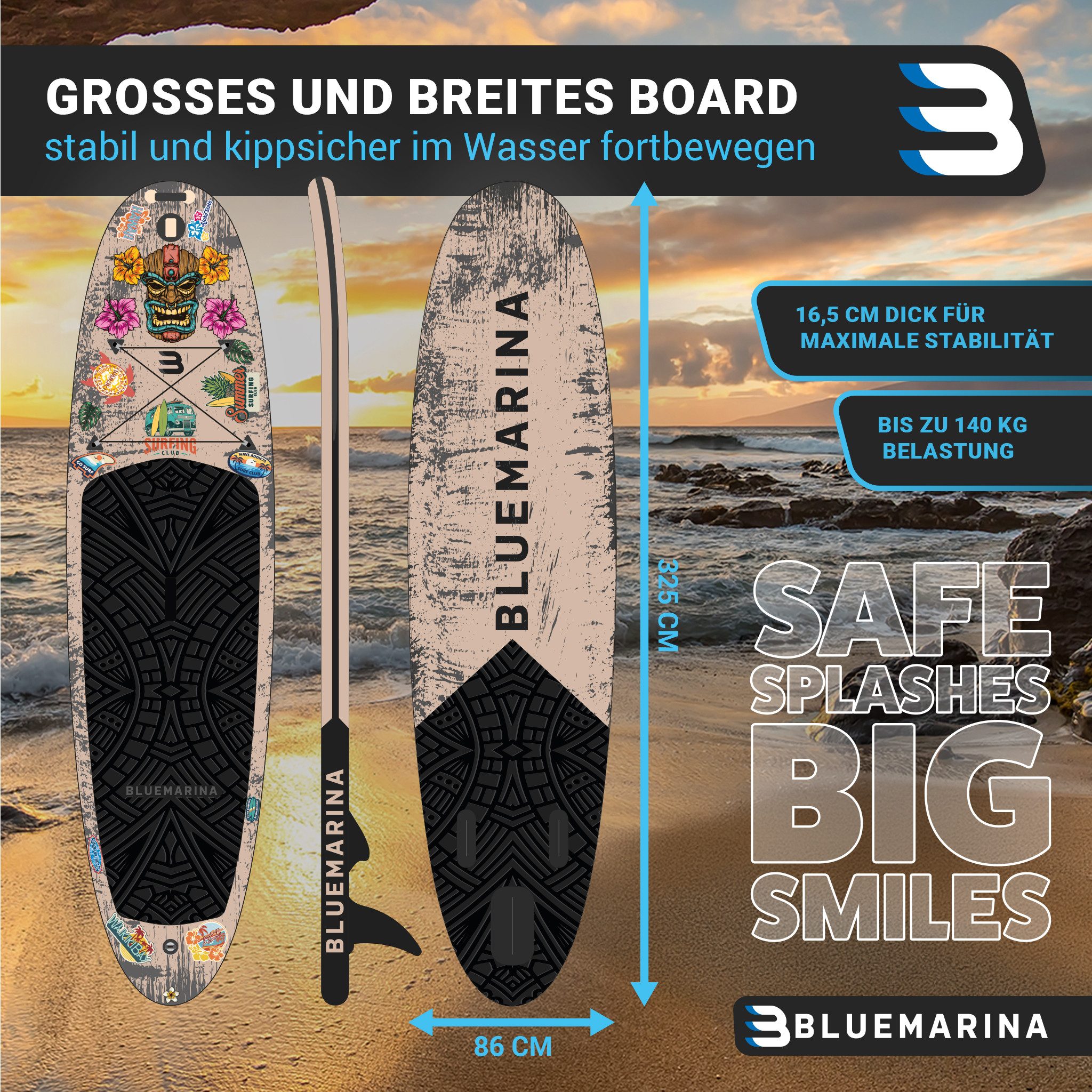 Bluemarina SUP-Board Tiki, Stand Up Paddle aufblasbar mit Paddel, SUP, 5J Garantie, (Stand Up Paddle, SUP), 5 Jahre Garantie, Stand Up Paddle, SUP, SUP Board