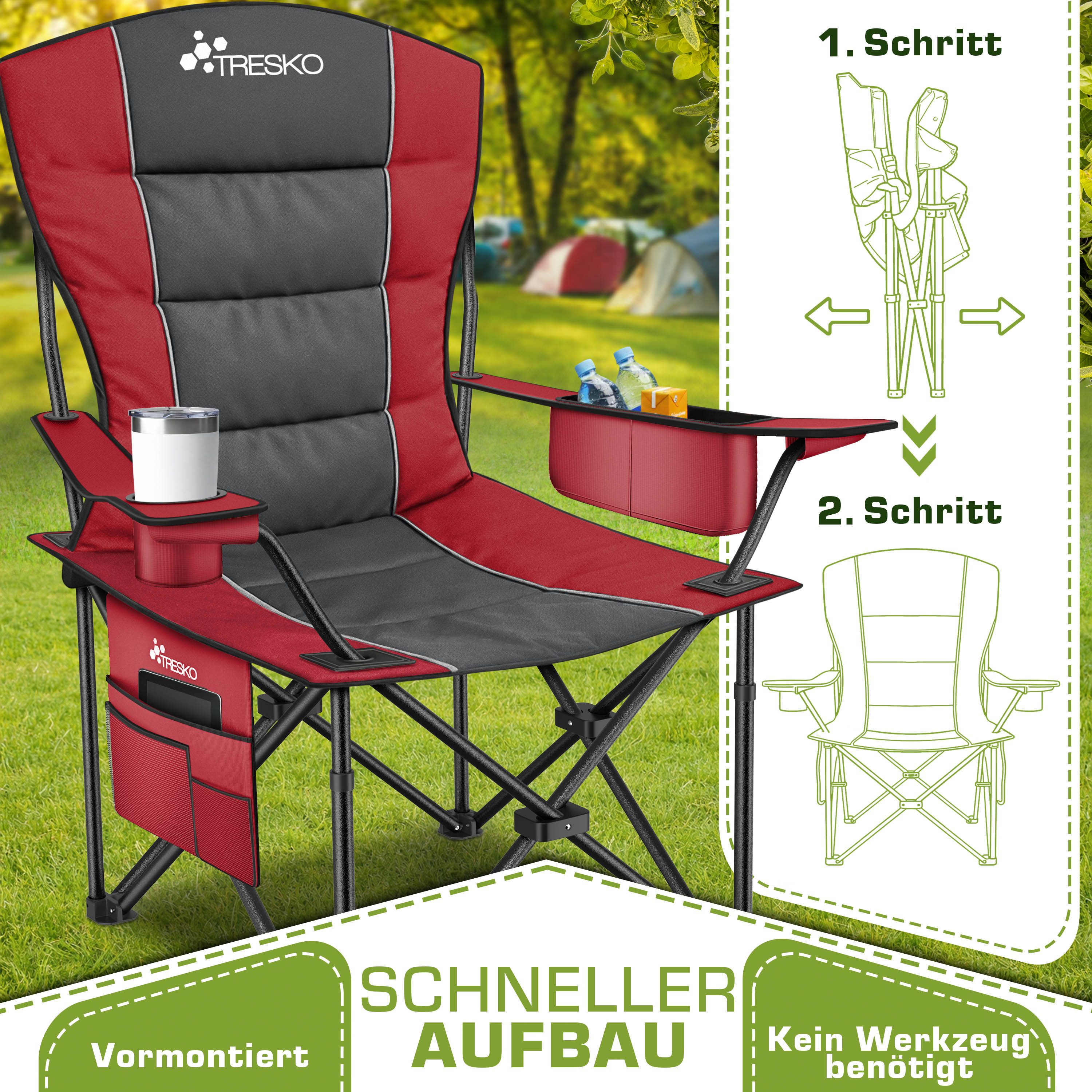 TRESKO Campingstuhl Faltbar bis 200kg Faltstuhl mit Kühltasche, Getränkehalter (Seitentasche, Klappstuhl XXL inkl. Tragetasche Angelstuhl), gepolstert für Outdoor, Angeln, Festival & Garten
