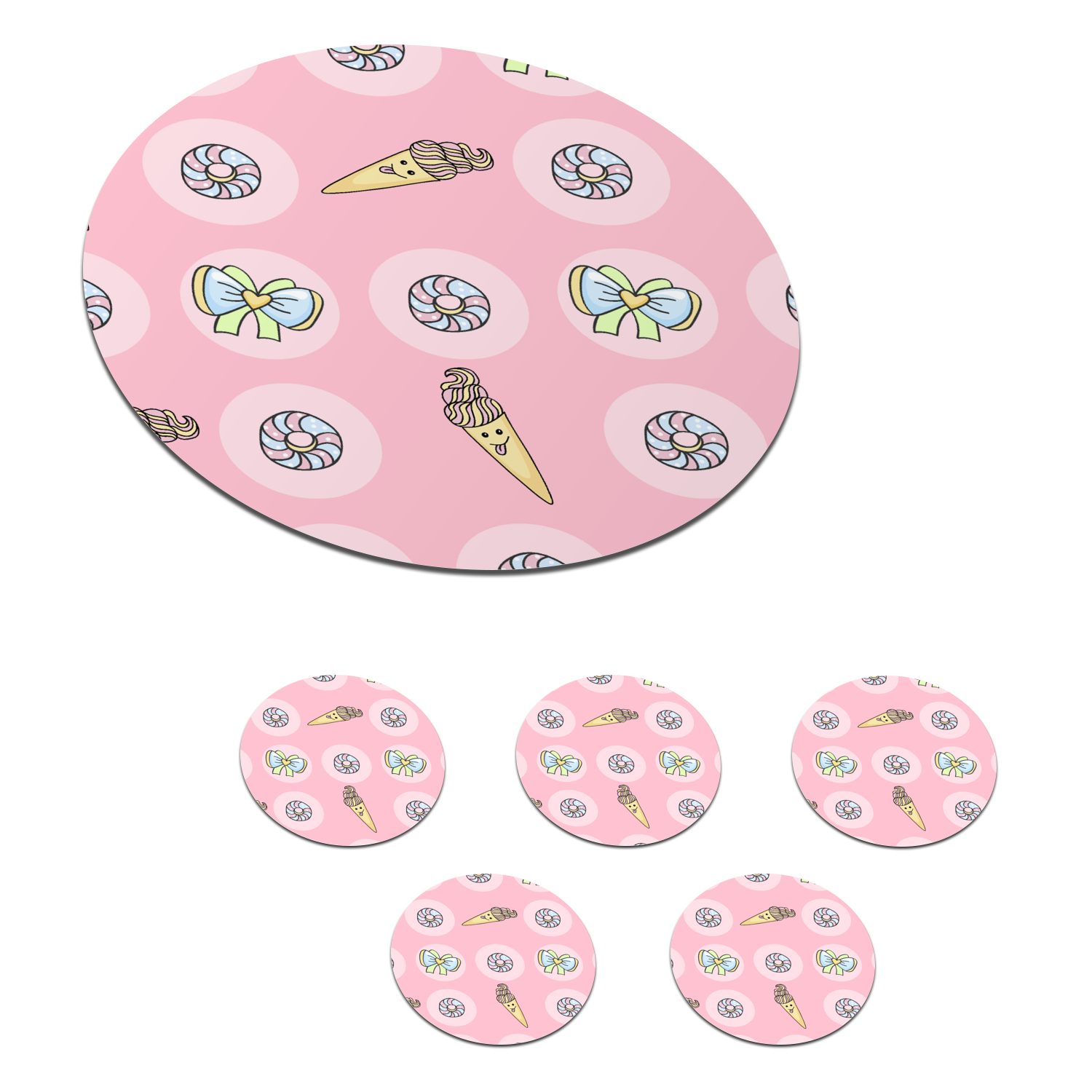 MuchoWow Glasuntersetzer Donuts - Kawaii - Muster - Pastell, Zubehör für Gläser, 6-tlg., Getränkeuntersetzer, Tassenuntersetzer, Korkuntersetzer, Tasse, Becher