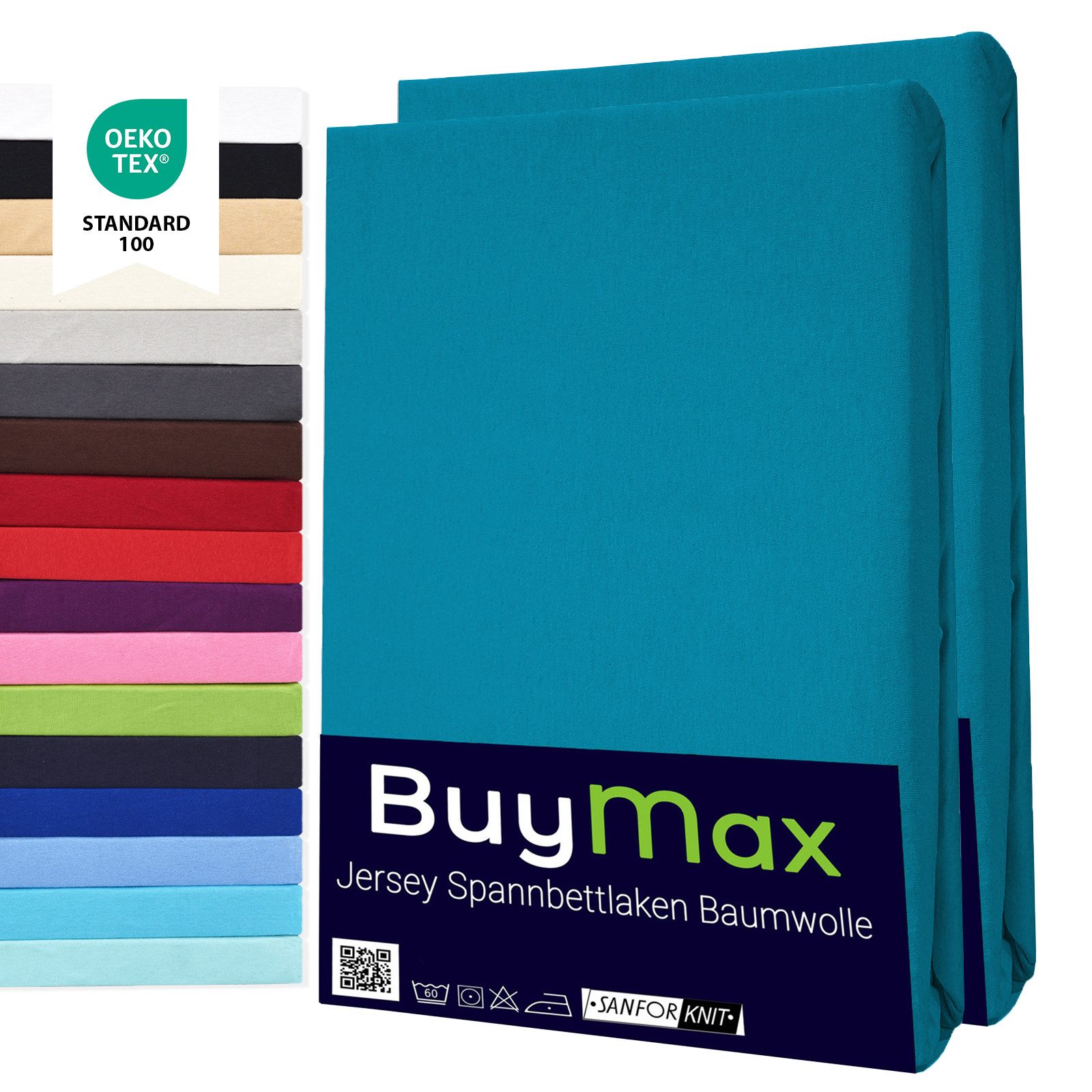 Buymax Spannbettlaken 2-er Set, Doppelpack, Bettlaken, Jersey 100% Baumwolle, Gummizug: rundum, (2 Stück), Pflegeleicht und Atmungsaktiv in Verschiedenen Farben und Größen
