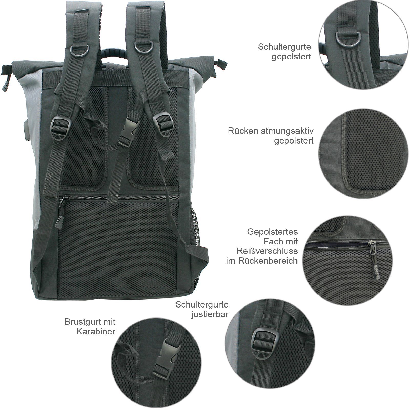 J JONES JENNIFER JONES Cityrucksack Großer Kurier-Rucksack mit Roll-Top, Laptopfach 16", 18 bis 22 Liter