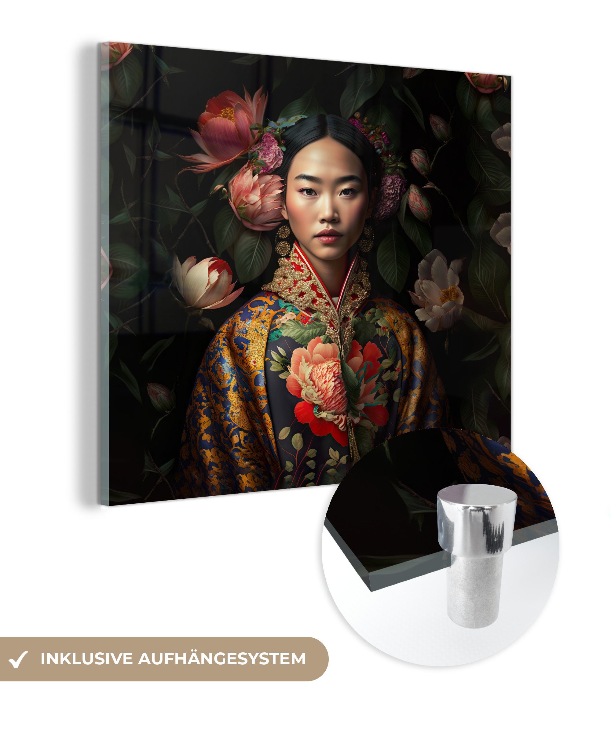 MuchoWow Acrylglasbild Frau - Asiatisch - Kimono - Blumen - Porträt, Inkl. Aufhängung, Bilder auf Glas Wandbild, Wanddeko Wohnzimmer Badezimmer, 20x20 cm