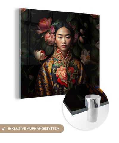 MuchoWow Acrylglasbild Frau - Asiatisch - Kimono - Blumen - Porträt, (1 St), Dekorative Bild für Küche & Wohnzimmer auf Glas