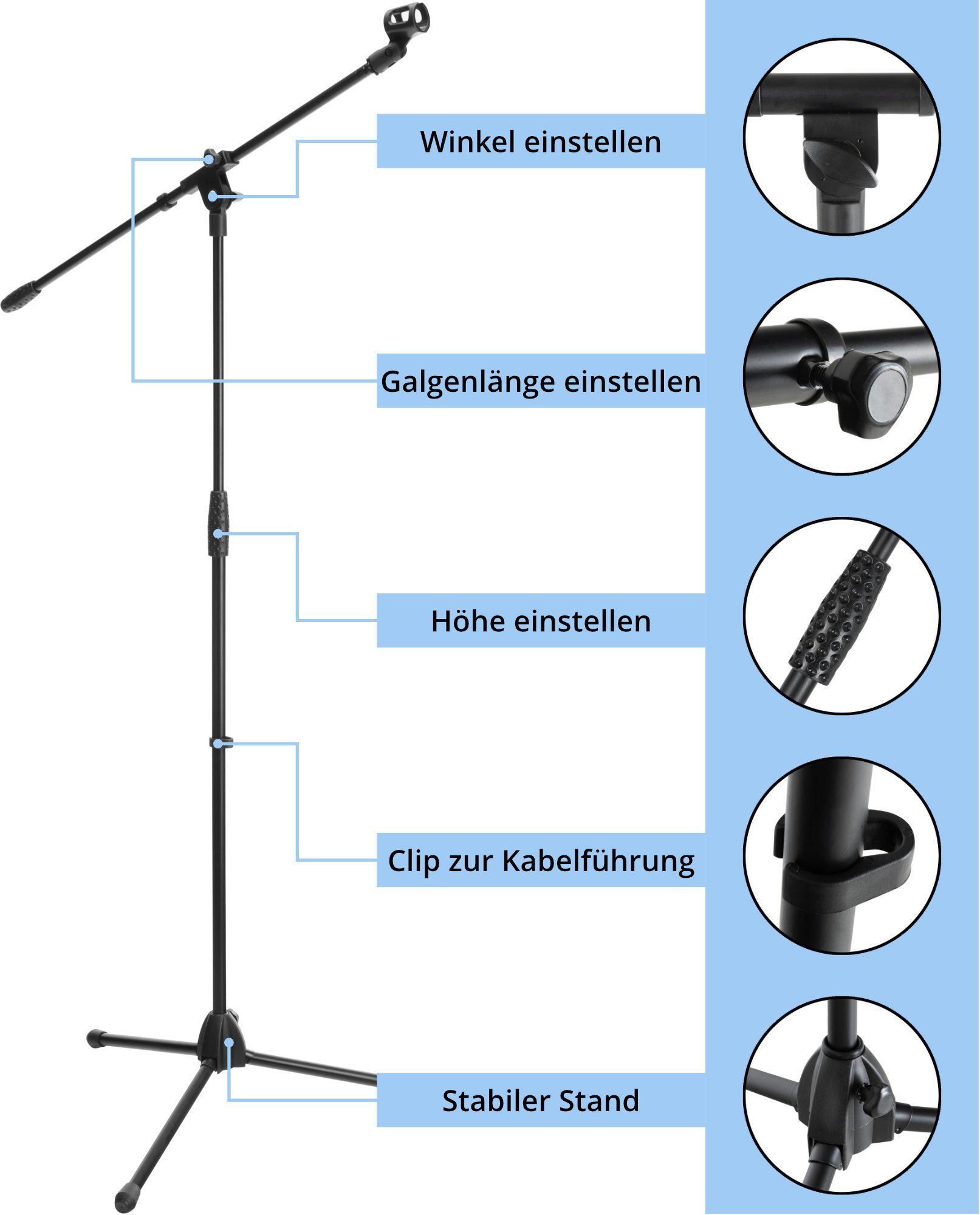 McGrey Mikrofonständer McGrey MBS-01 Mikrofonständer mit Galgen und Mikrofonklemme, (1-tlg), Schwenkarm, höhenverstellbar bis ca. 154 cm