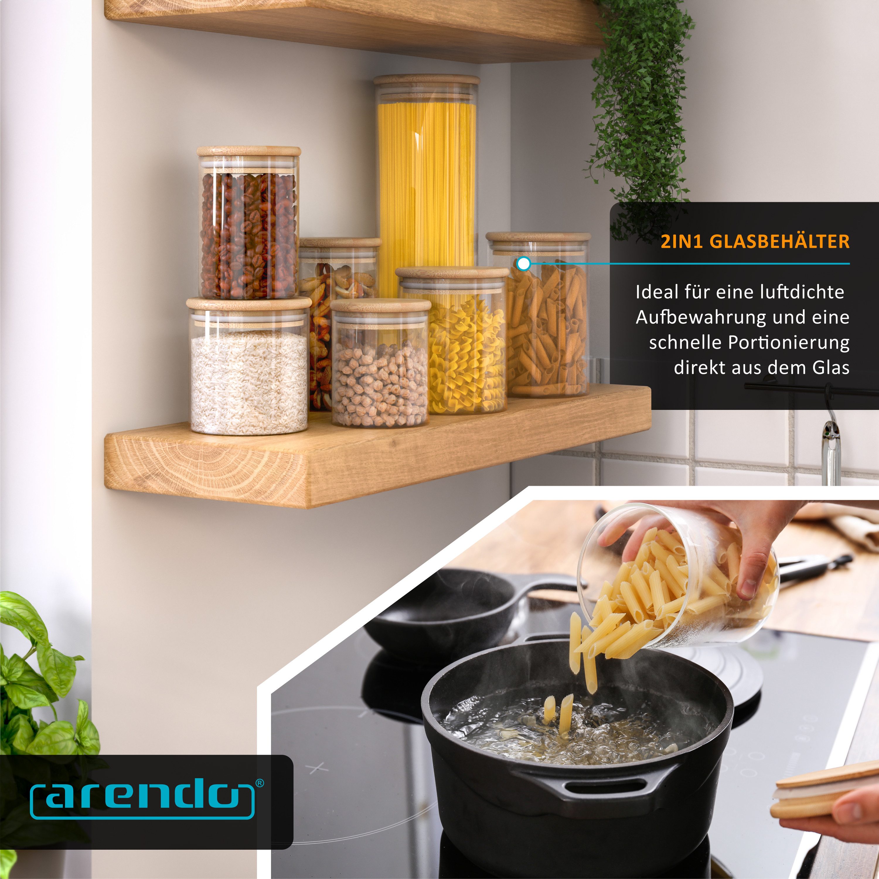 Arendo Aufbewahrungsbecher Glasbehälter-Set 0,56 bis 2,35L Borosilikat rund mit Bambusdeckel, Borosilikatglas, Bambus, Silikon, (Vorratsbehälter-Set, 7-tlg., 7e – Bild 5 von 5