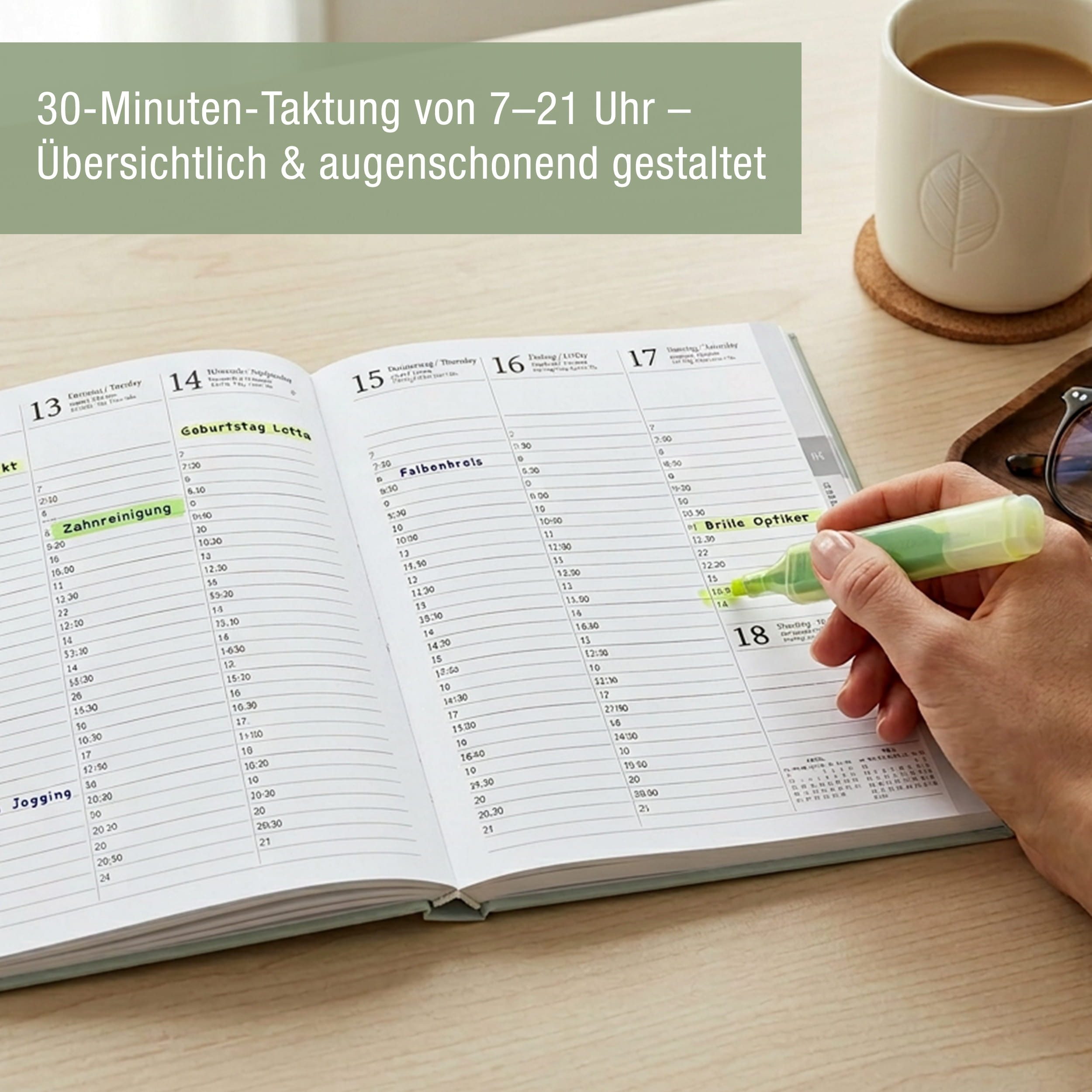 TOBJA Buchkalender Buchkalender 2027 Wochenplaner salbeigrün Skandi OptiPlaner Sage FSC, Salbeigrün, Roségold-Blumen, 30-Min-Taktung, 18,5x26 cm, FSC – Bild 3 von 5