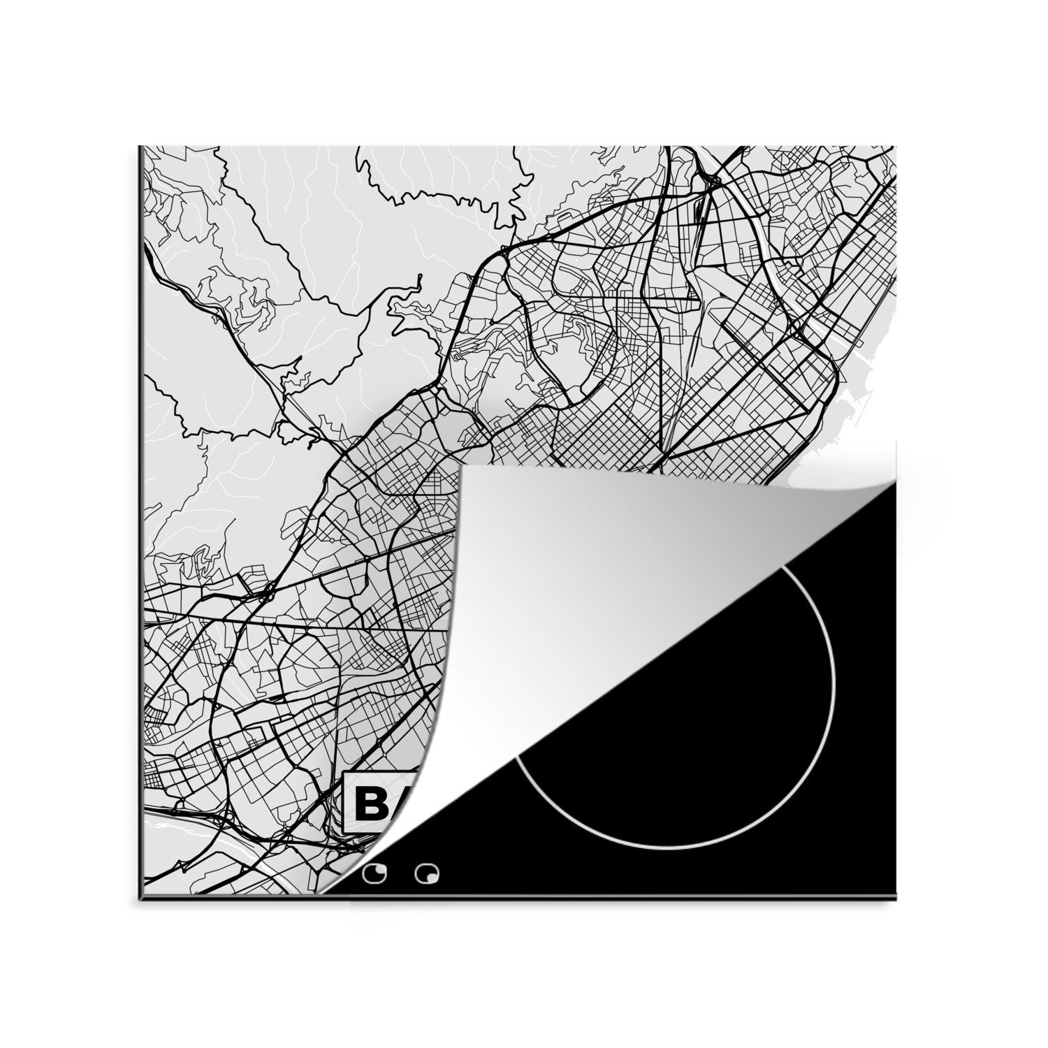 MuchoWow Herdblende-/Abdeckplatte Barcelona - Stadtplan - Karte - Schwarz und weiß, Vinyl, (1 tlg), 78x78 cm, Ceranfeldabdeckung, Arbeitsplatte für küche