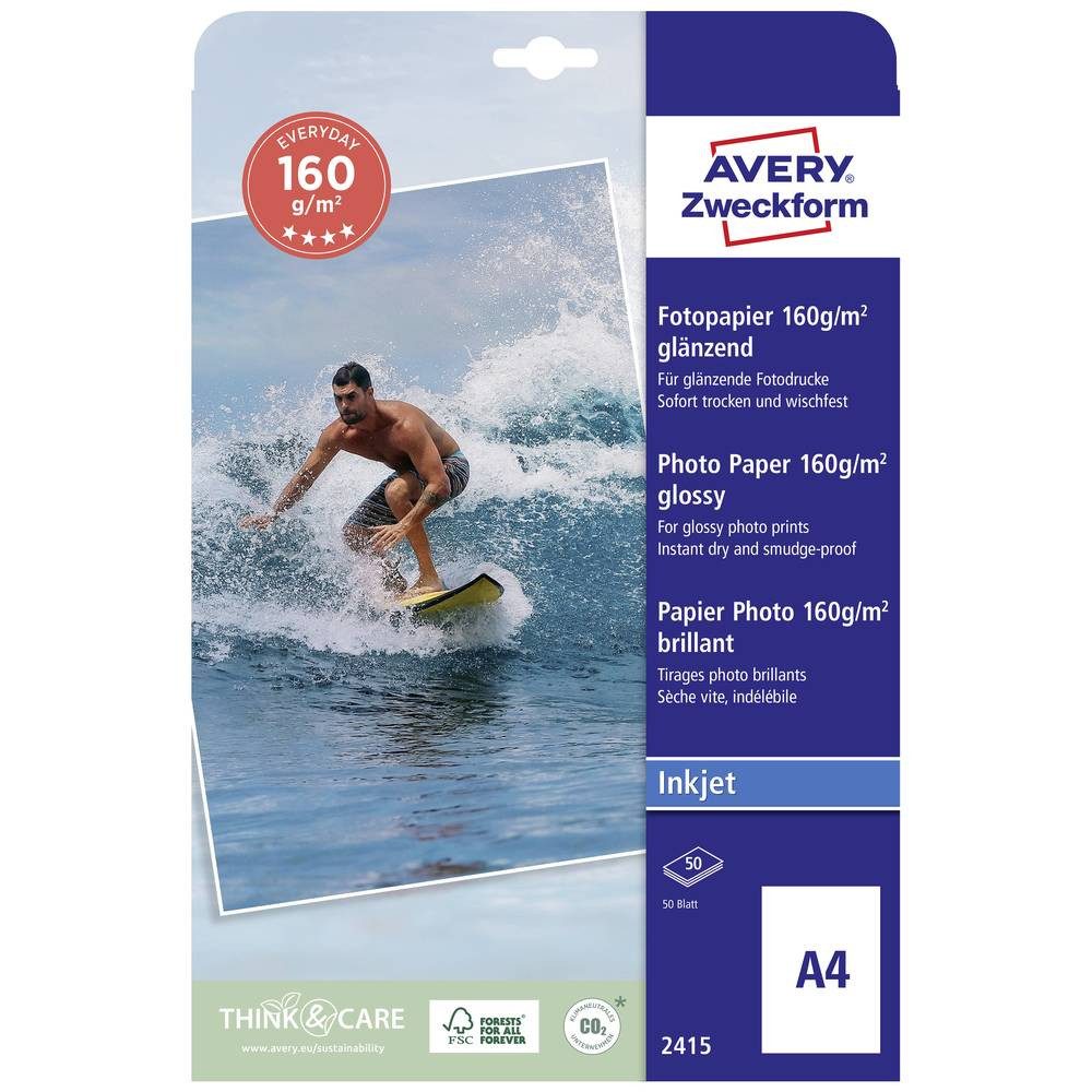 Avery Zweckform Fotopapier Avery Zweckform Everyday Inkjet Fotopapier, A4, einseitig 2415, Glänzend