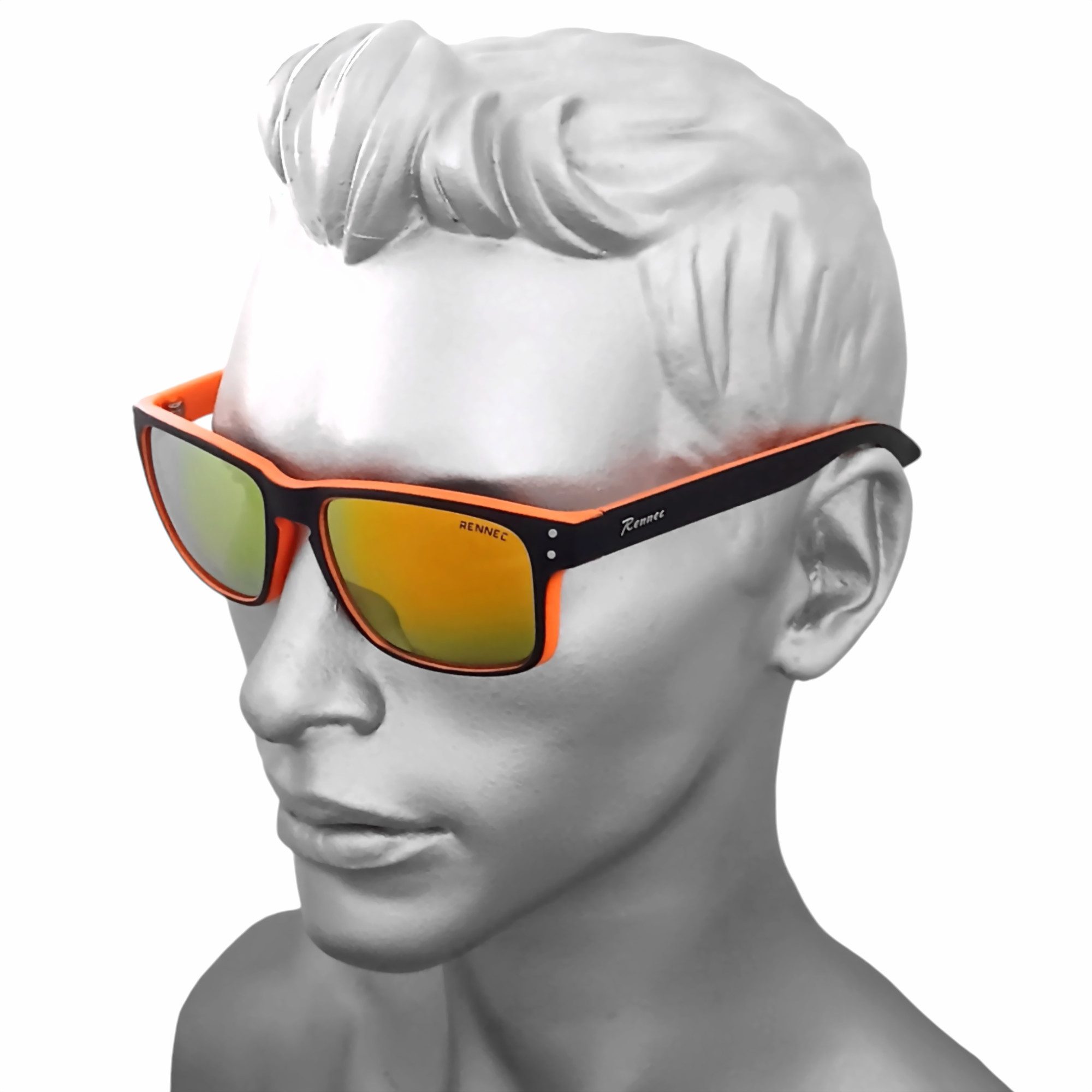 Rennec Sonnenbrille (Sonnenbrille Herren Zweifarbig Rechteckig mit Brillenbeutel) Verspiegelte Gläser in Blau oder Orange, stabile 3in2 Bügelgelenke