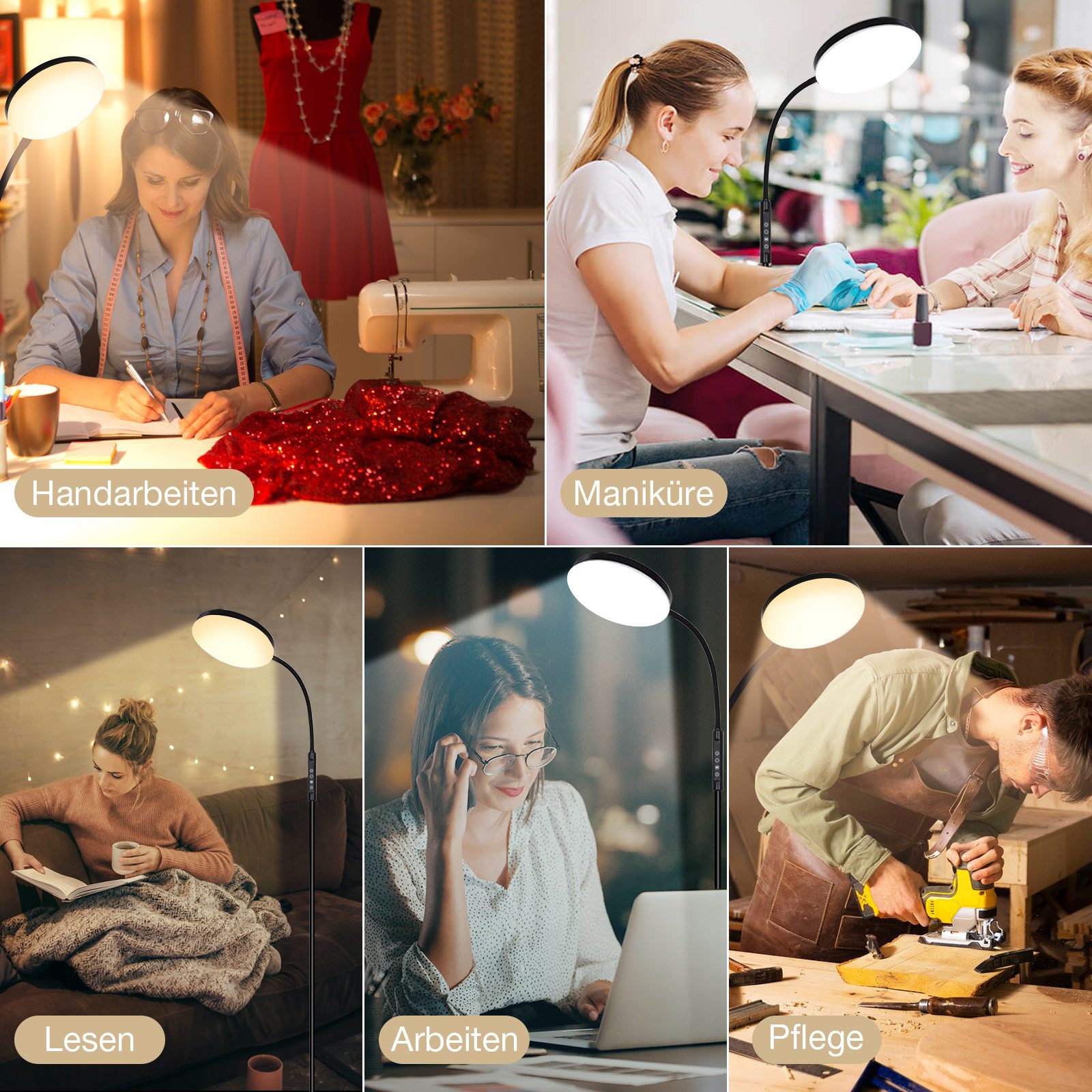 MUPOO LED Stehlampe LED Stehleuchte Weiß/Schwarz mit Schwanenhals,165cm, 10 Helligkeitsstufen & 5 Lichtfarben,mit Fernbedienung,16W,Timer – Bild 5 von 5