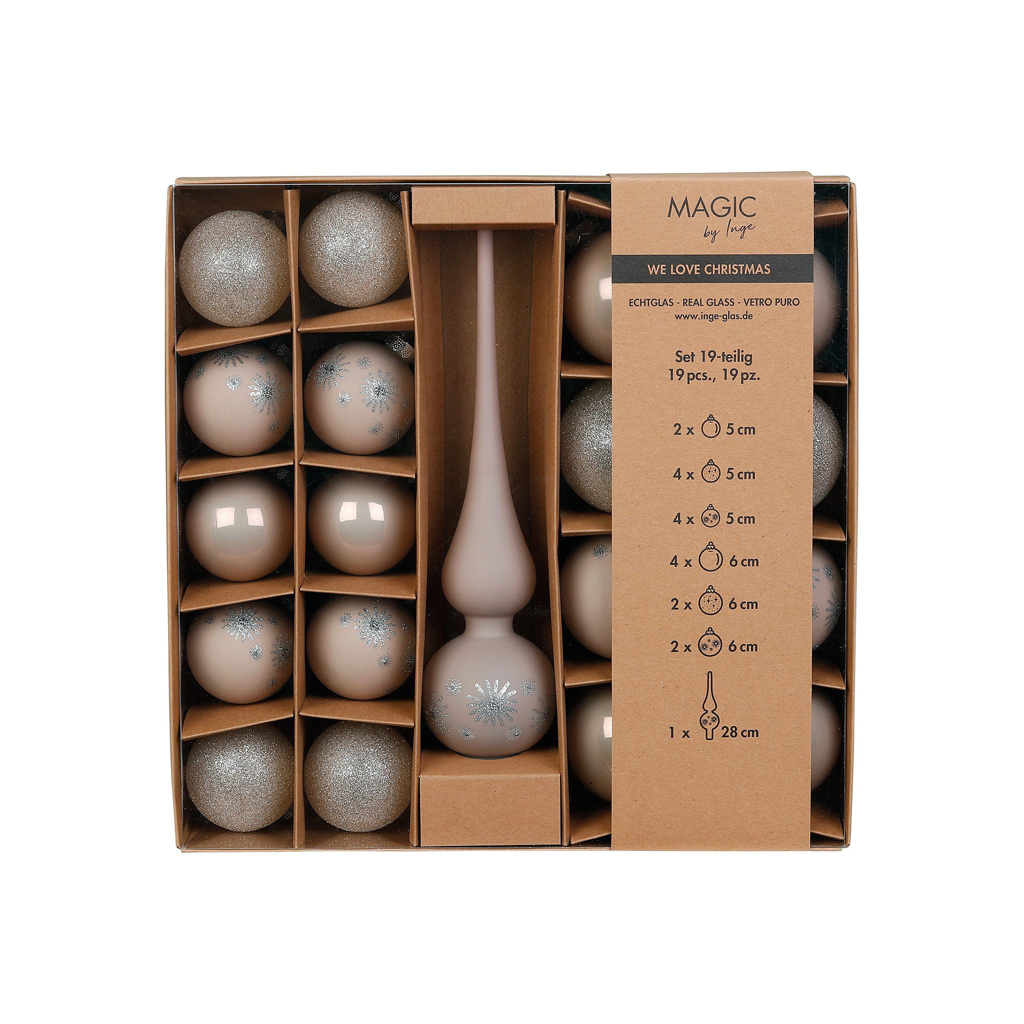 MAGIC by Inge Weihnachtsbaumkugel, Weihnachtskugeln Glas 5-6cm mit Spitze 19er Set - Fine Alabaster