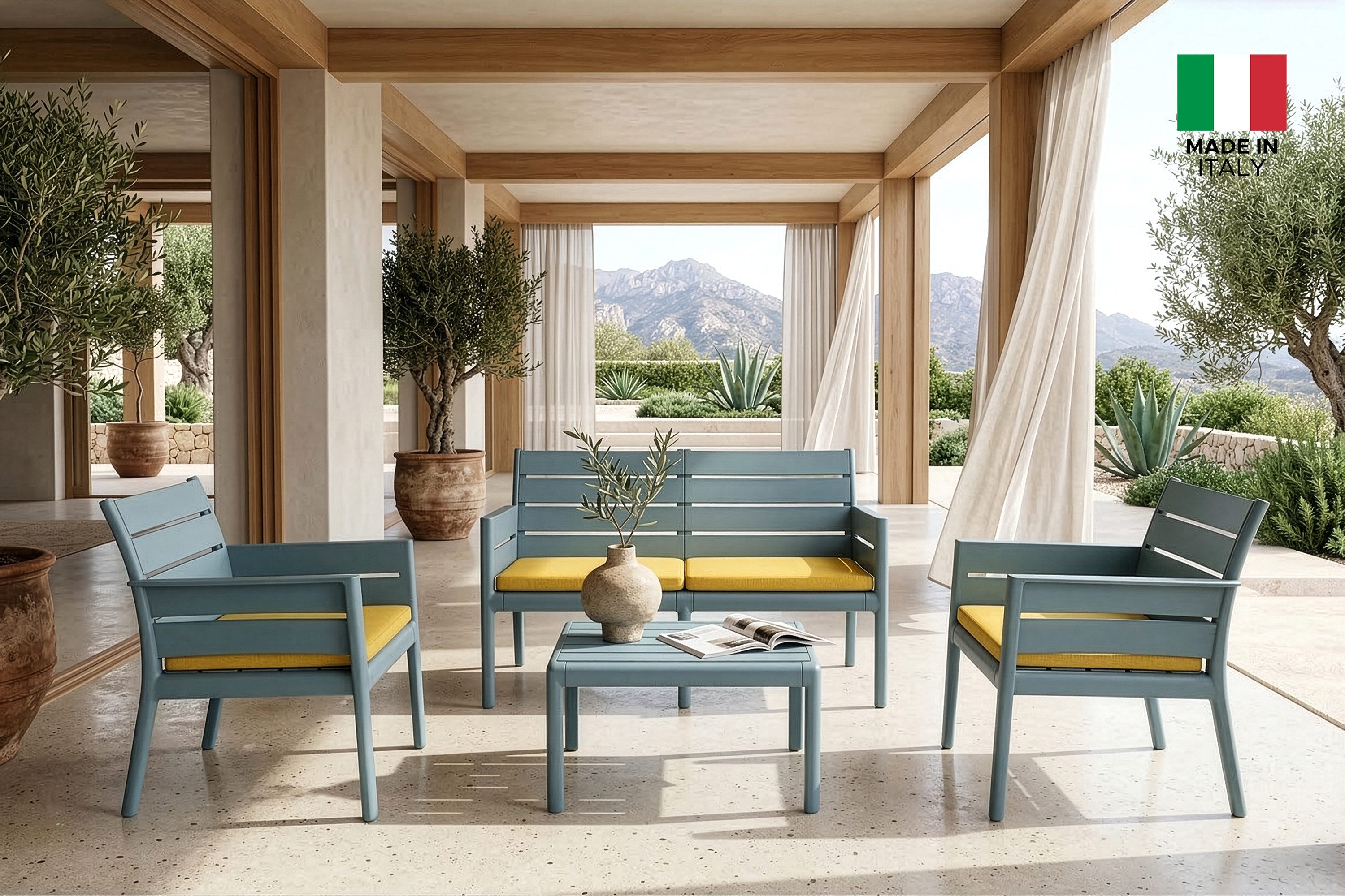 KONSIMO® Gartenlounge-Set MITTU Gartenmöbel-Set, Modern-Stil, italienische Premiumqualität, (4-tlg., 2x Sessel, 1x Sofa, 1x Tisch), aus recycelten Materialien, pflegeleicht, für 4 Personen