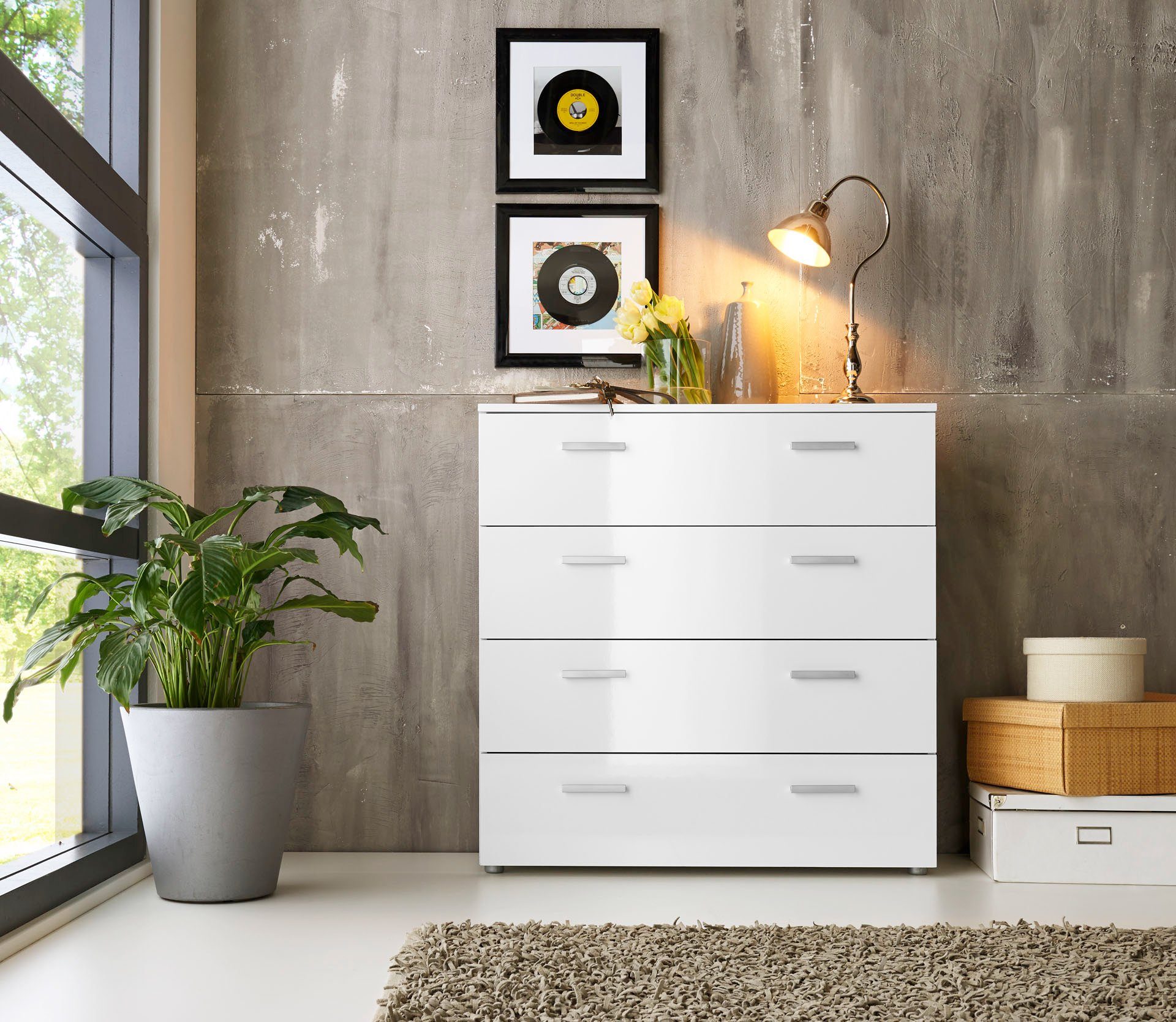 BMG Möbel Kommode Monaco (Schubkastenkommode mit 4 Schubkästen, 88 cm breit), Fronten Weiß Hochglanz, Korpus Matt, Höhe 91 cm