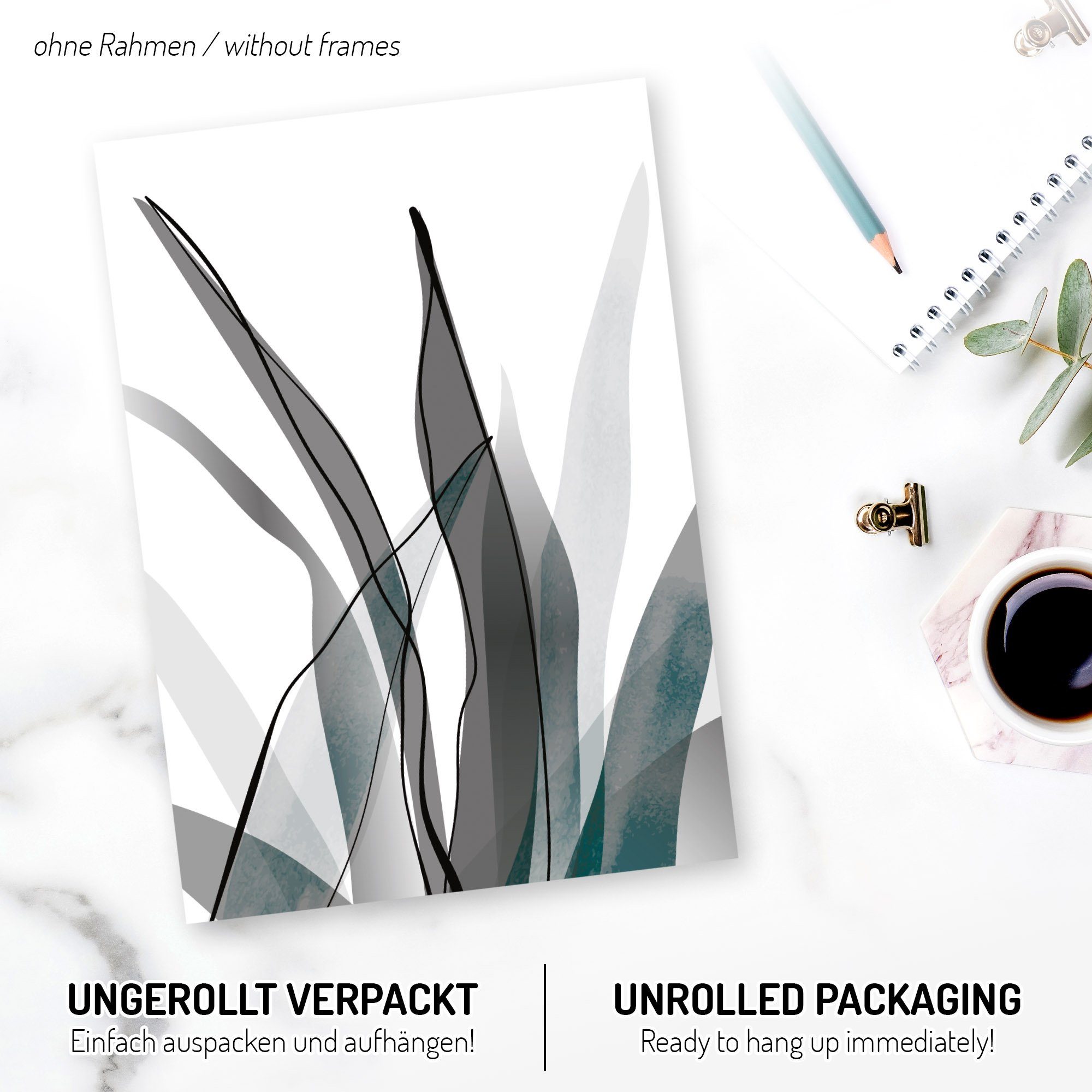 Kreative Feder Poster Floral Grau, Natur günstig online kaufen