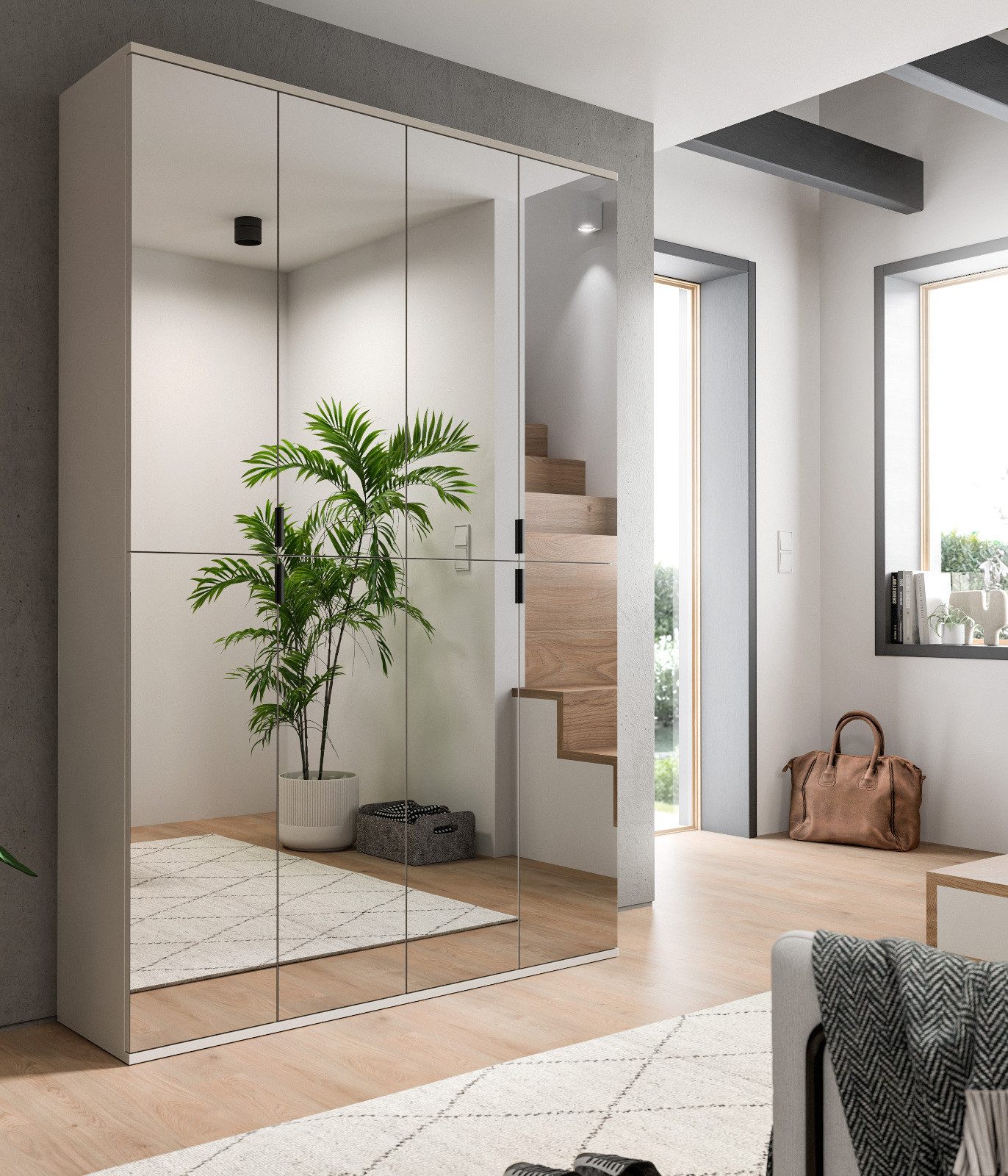 Inn.Furn Garderobenschrank Line-Up (Schuhschrank in Kaschmir / Sand, 8 Spiegeltüren, 122 x 193 cm) variable Inneneinteilung, 2 Kleiderstangen und 14 Einlegeböden
