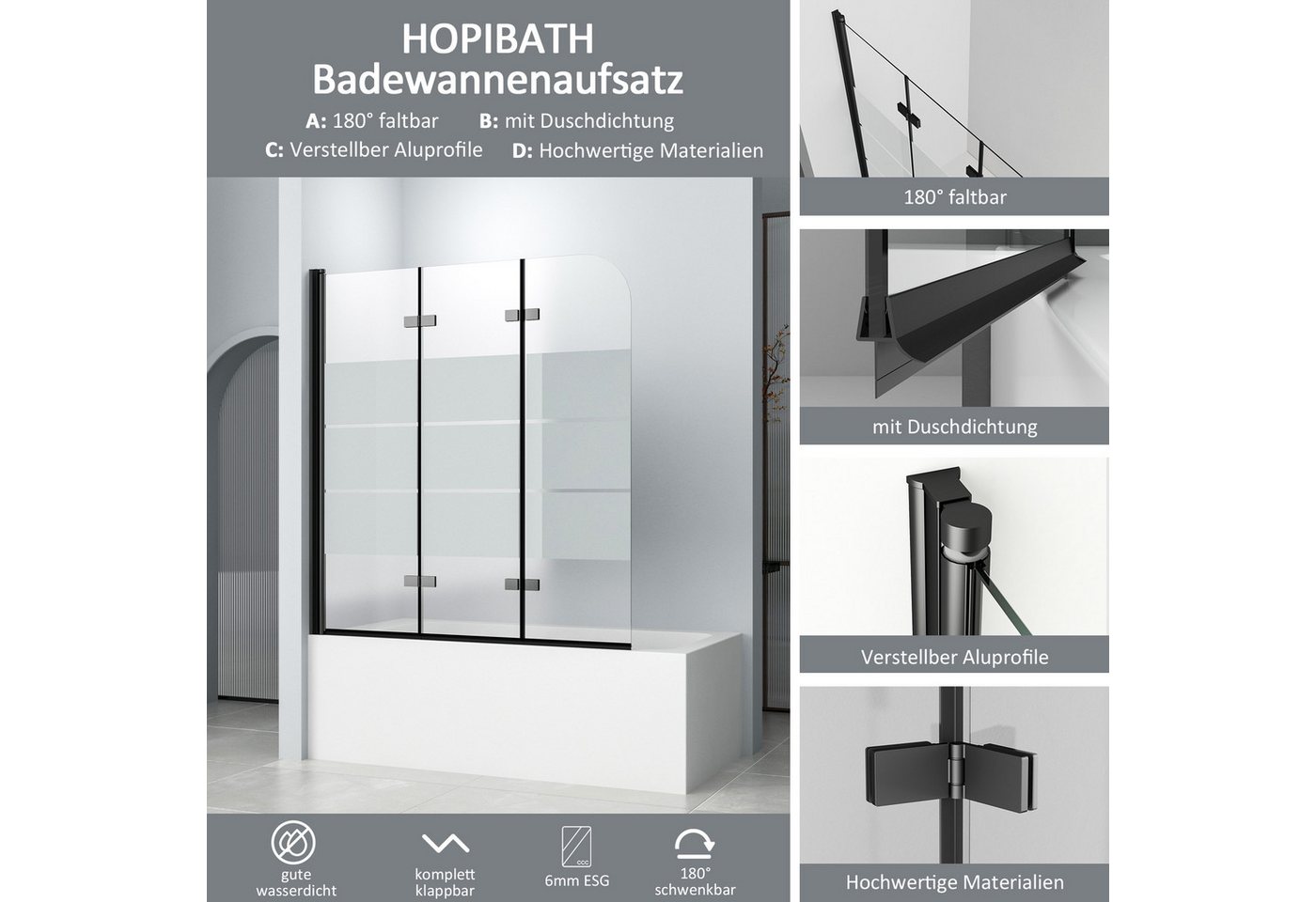 Thumbnail - Hopibath Duschwand Duschabtrennung Badewanne 120x140 Faltwand 3 teilig 2 teilig faltbar, 6mm Sicherheitsglas, (Duschtren...