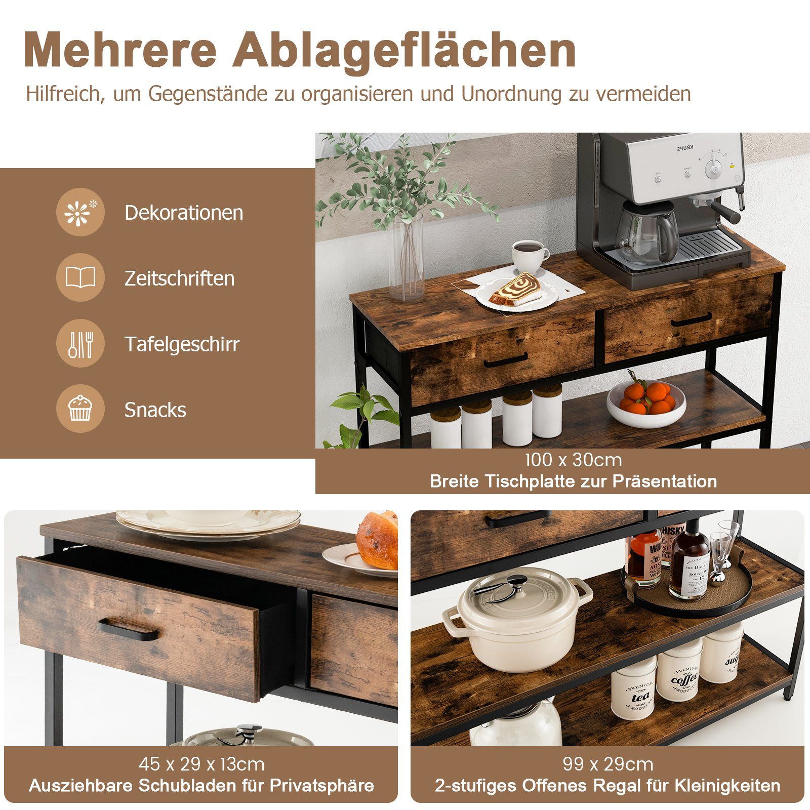 COSTWAY Konsolentisch, mit 2 Stoffschubladen, Kippschutz, Metallrahmen 100cm