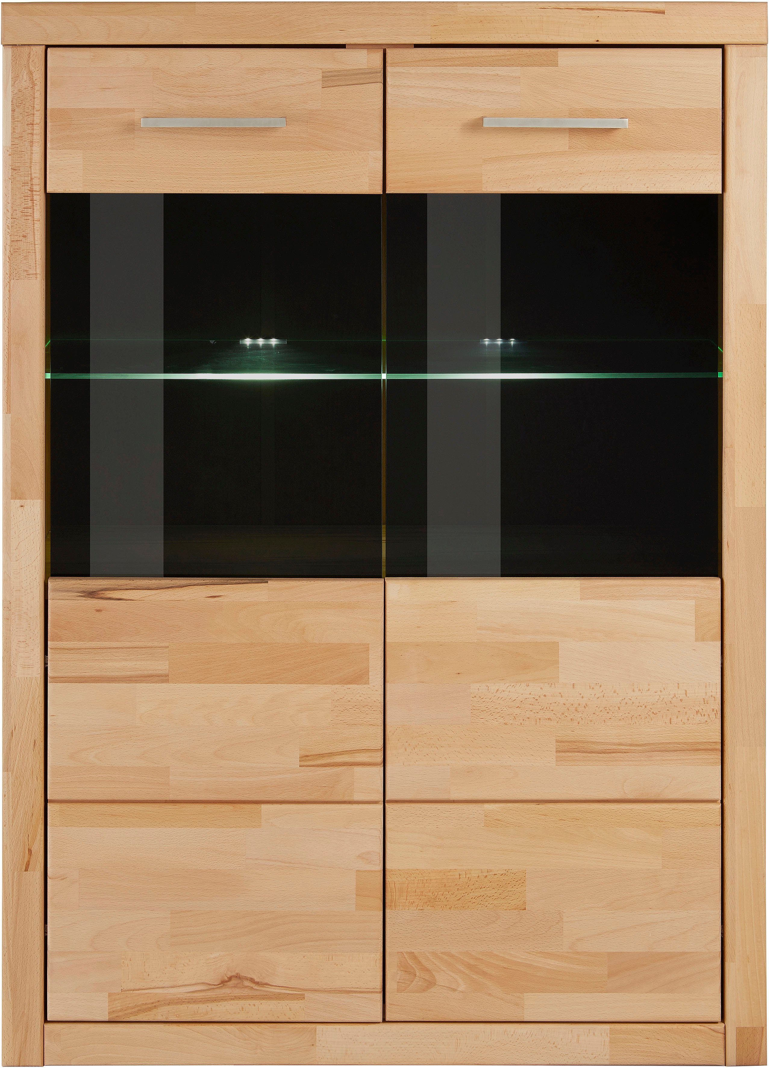 OTTO home Vitrine Ribe, 125 cm hoch, Fronten Massivholz, 4 breite Fächer Korpus Holzwerkstoff, 2Türen mit Glaseinsatz, einlegeboden verstellbar