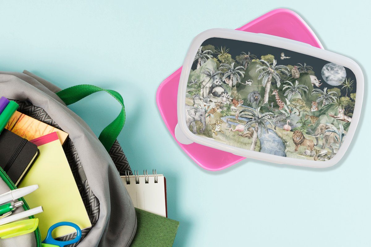 Kinder, (2-tlg), Tiere Dschungel - - Brotdose Kunststoff - Kunststoff, Mädchen, rosa für MuchoWow Kinder Brotbox Snackbox, Natur Erwachsene, Pflanzen, Lunchbox -