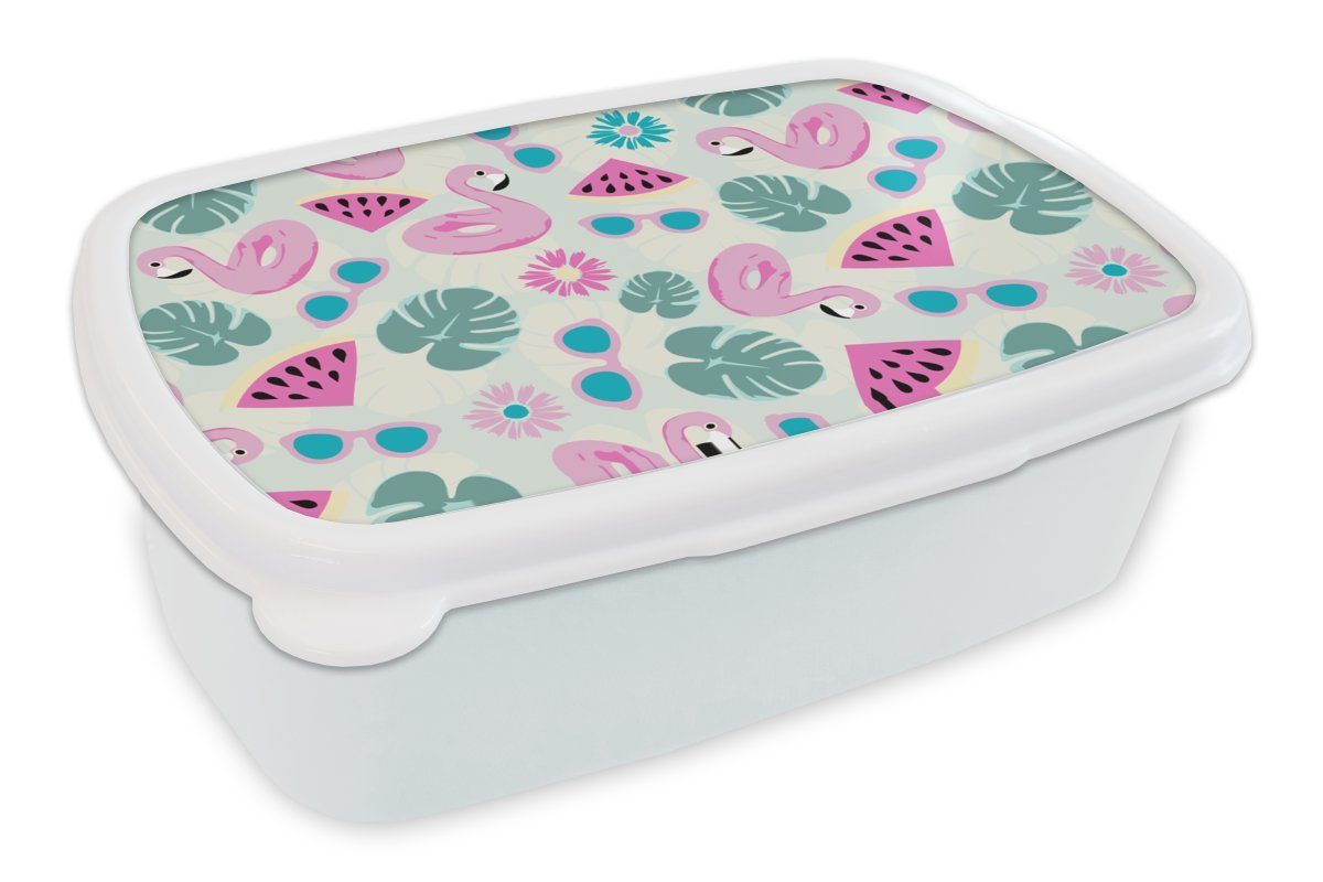 MuchoWow Lunchbox Sommer - Muster - Flamingo - Monstera, Kunststoff, (2-tlg), Brotbox für Kinder und Erwachsene, Brotdose, für Jungs und Mädchen weiß