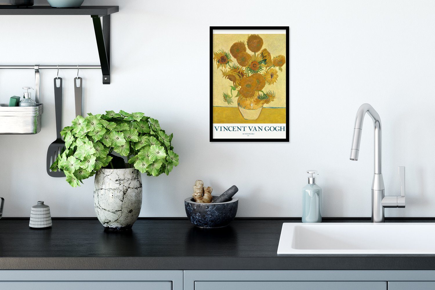 MuchoWow Poster Poster, Sonnenblumen Schwarzem Bilderrahmen Gemälde (1 - Gerahmtes - Bilder, - Van Wandposter, Gelb, St), Wanddeko, Gogh