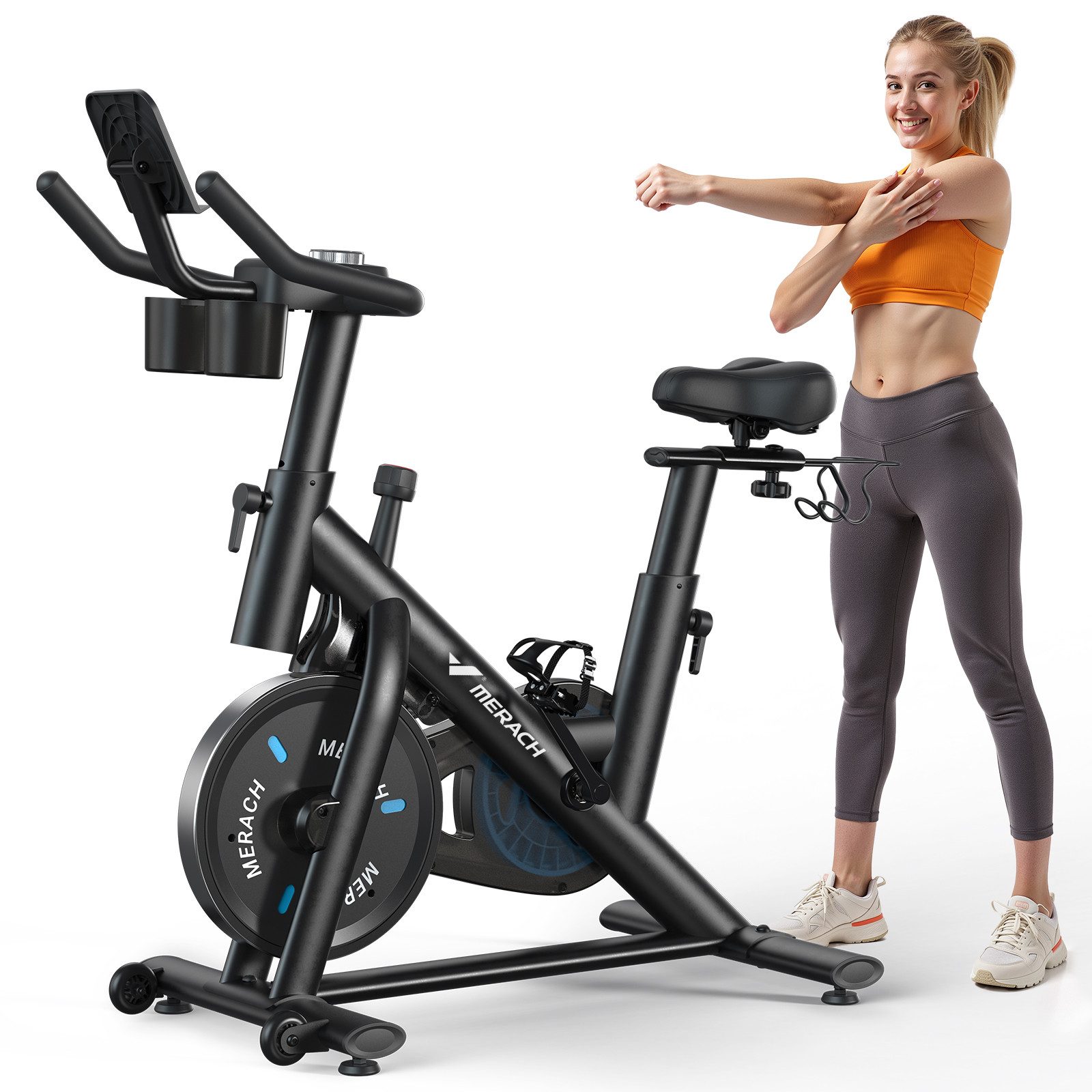 MERACH Heimtrainer Fahrrad mit Magnetischem Widerstand (Leises Bremsbelag/Hometrainer Fahrrad, mit Verbessertem LCD-Monitor, Hantelrack, Tablet-Halter), Verstellbare Sitz, Eigener App, 136KG Belastbar