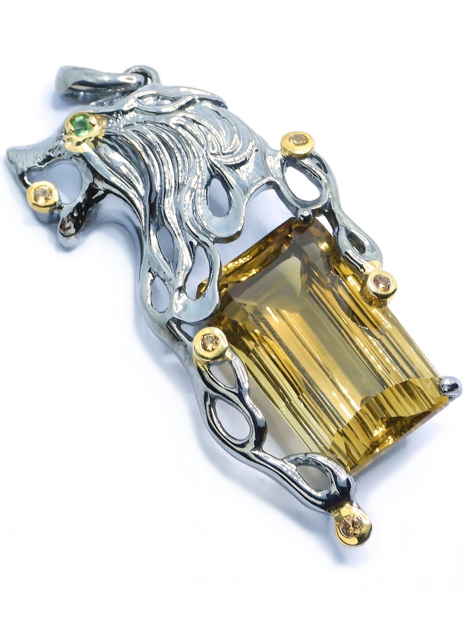 Goldene Hufeisen Kettenanhänger 18ct Citrin Saphir Granat Löwe Anhänger 925 Silber, Rhodiniert teil Gelbgold vergoldet