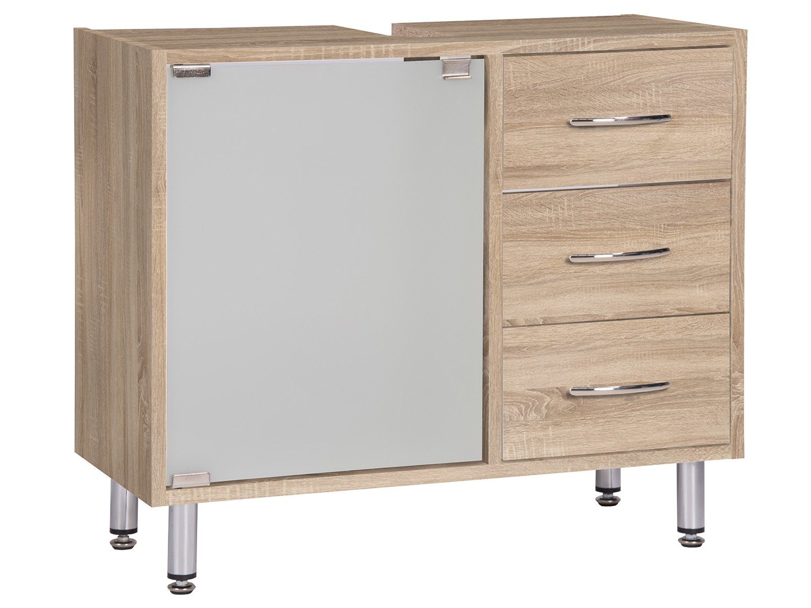 Moderner 1 und Waschbeckenunterschrank möbelando 30 cm, 3 aus 66 ESG cm aus Sonoma Schubkästen. Spanplatte Nachbildung Milchglastür mit in Eiche Tiefe Lancaster Sicherheitsglas Sonoma-Eiche Höhe 58 cm, Breite Waschbeckenunterschrank