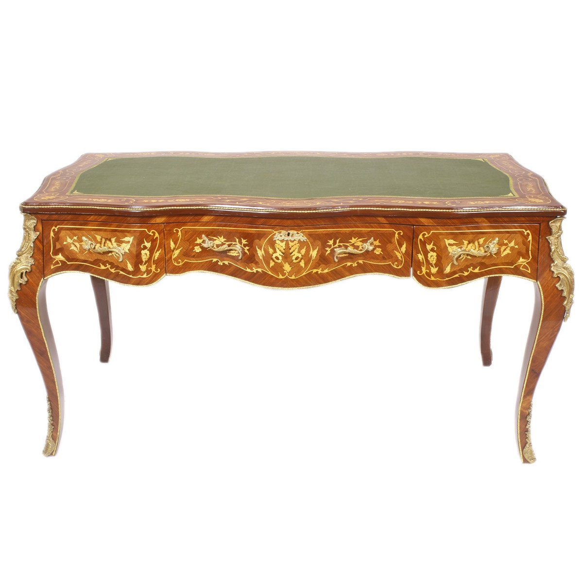 Casa Padrino Schreibtisch Luxus Barock Schreibtisch Mahagoni Intarsien / Gold 155 cm - Antik Stil Sekretär Luxus Möbel