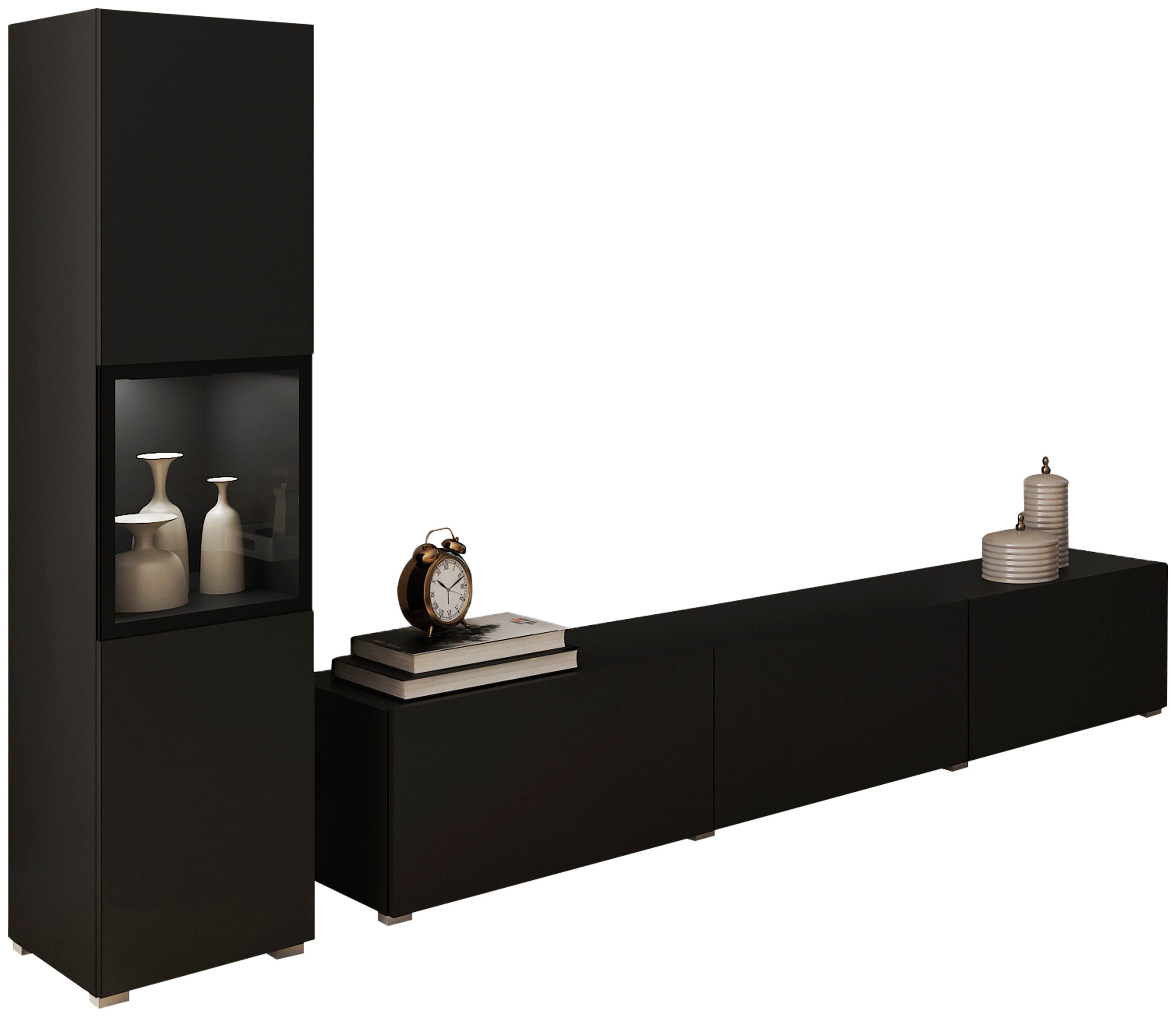 INOSIGN Wohnwand BERLIN I, Vitrine Türschlag links/rechts wechselbar, (Komplett-Set, 2-St), moderne grifflose Mediawand Breite 220 cm, Vitrine mit Verglasung
