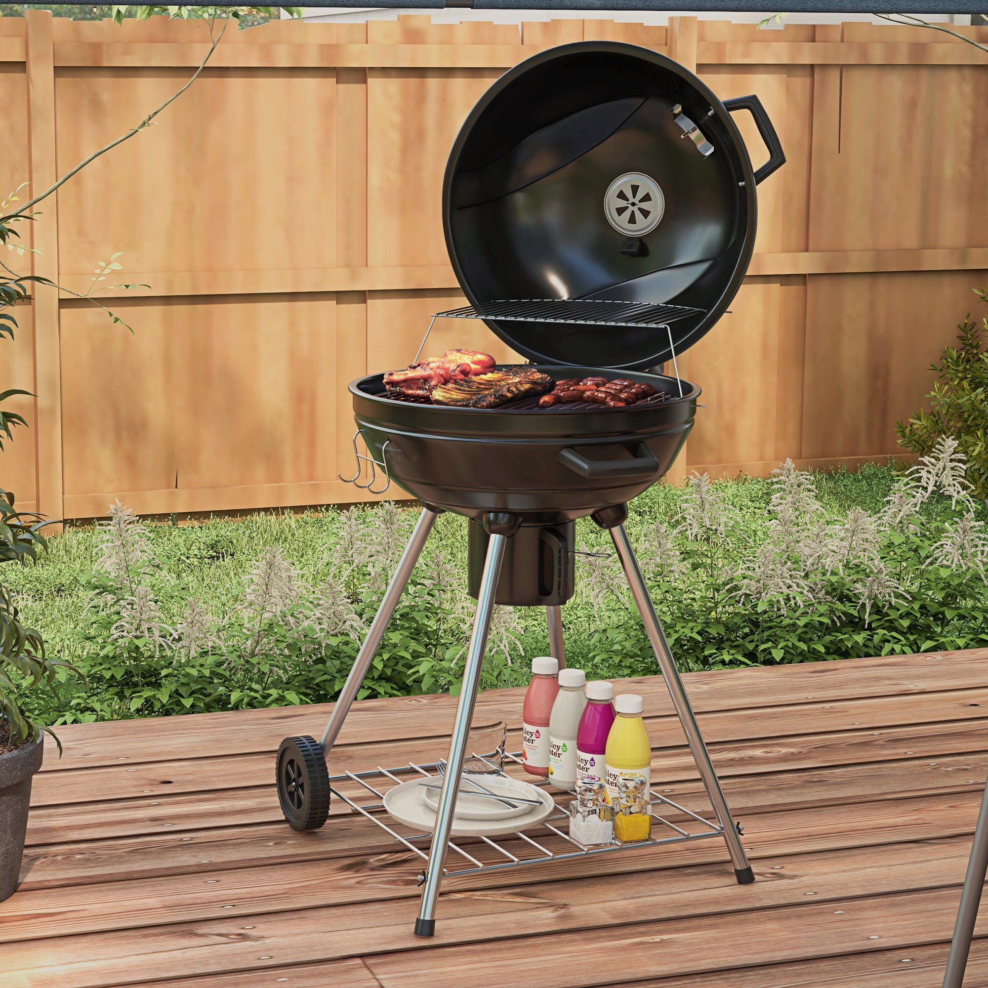 Outsunny Holzkohlegrill Campinggrill mit Grillrost, Rädern, Ablage, Grillwagen, Gartengrill, für BBQ Metall Schwarz 55 x 65 x 89 cm