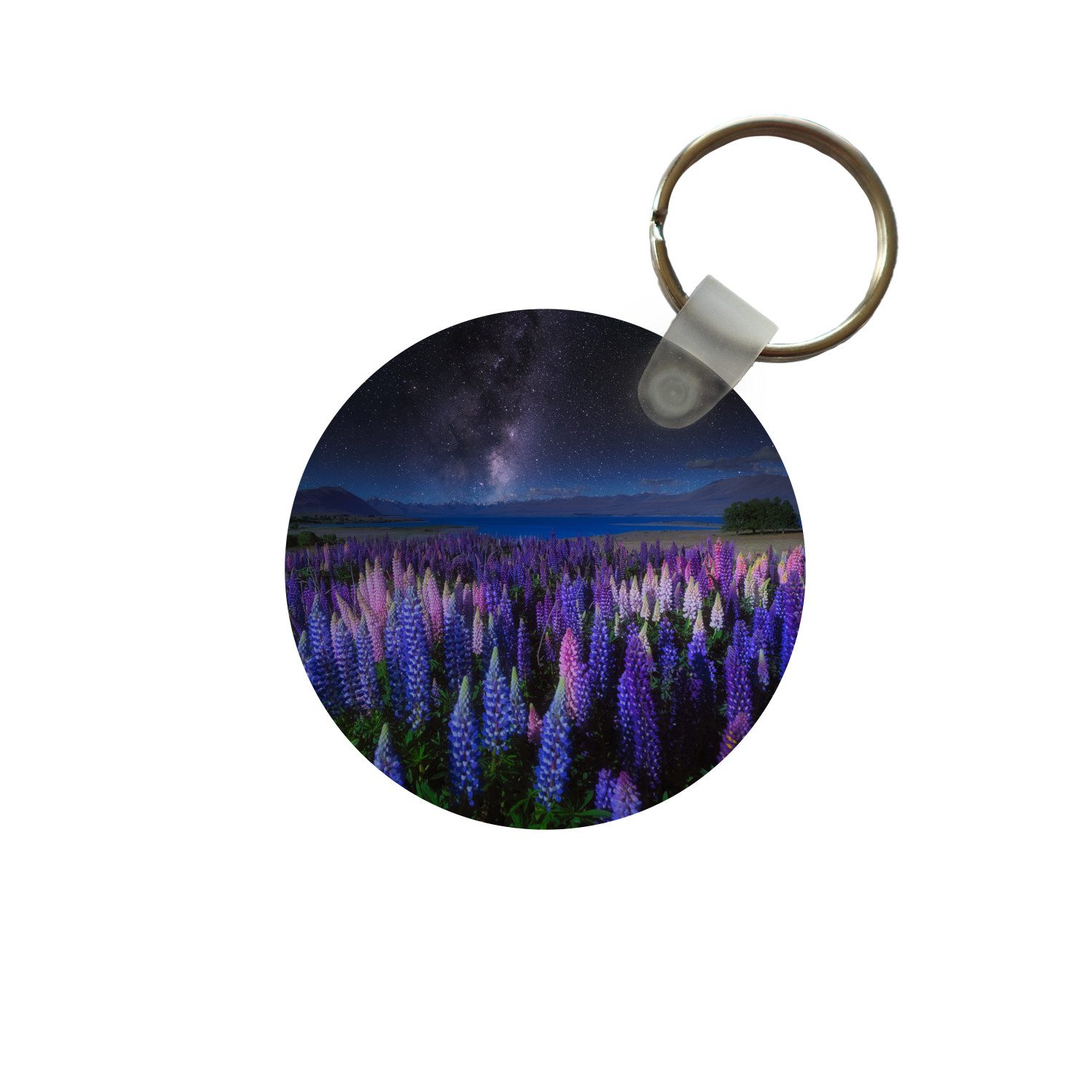 MuchoWow Schlüsselanhänger Blumen - Nacht - Lupine - Sternenhimmel - Lila - Natur, Rund, Geschenk für Damen / Herren / Kinder mit Schlüsselring, 5x5 cm