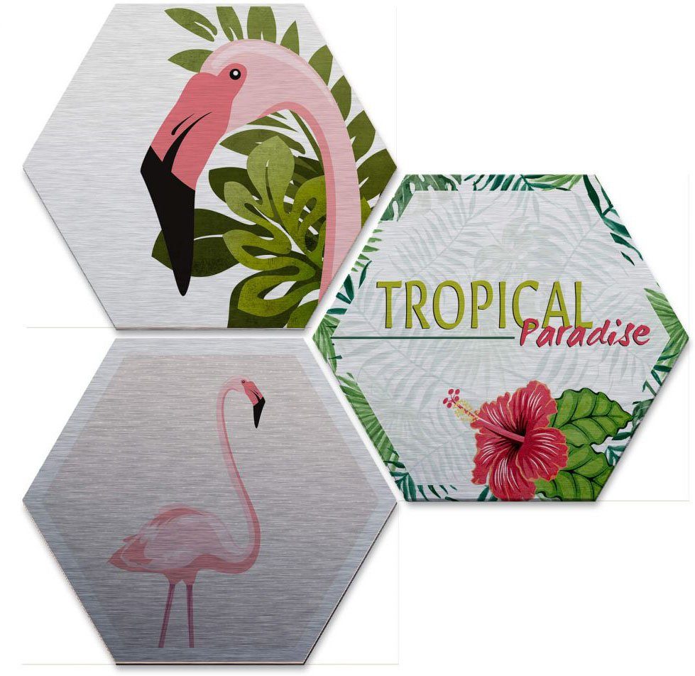 Wall-Art Mehrteilige Bilder Silbereffekt Flamingo (Set, 3 St) Set