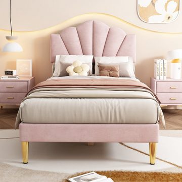 REDOM Polsterbett muschelartiges Bett (90 X 200 CM Ohne Matratze), Höhenverstellbares Kopfteil,Bett mit goldenen Eisenbeinen