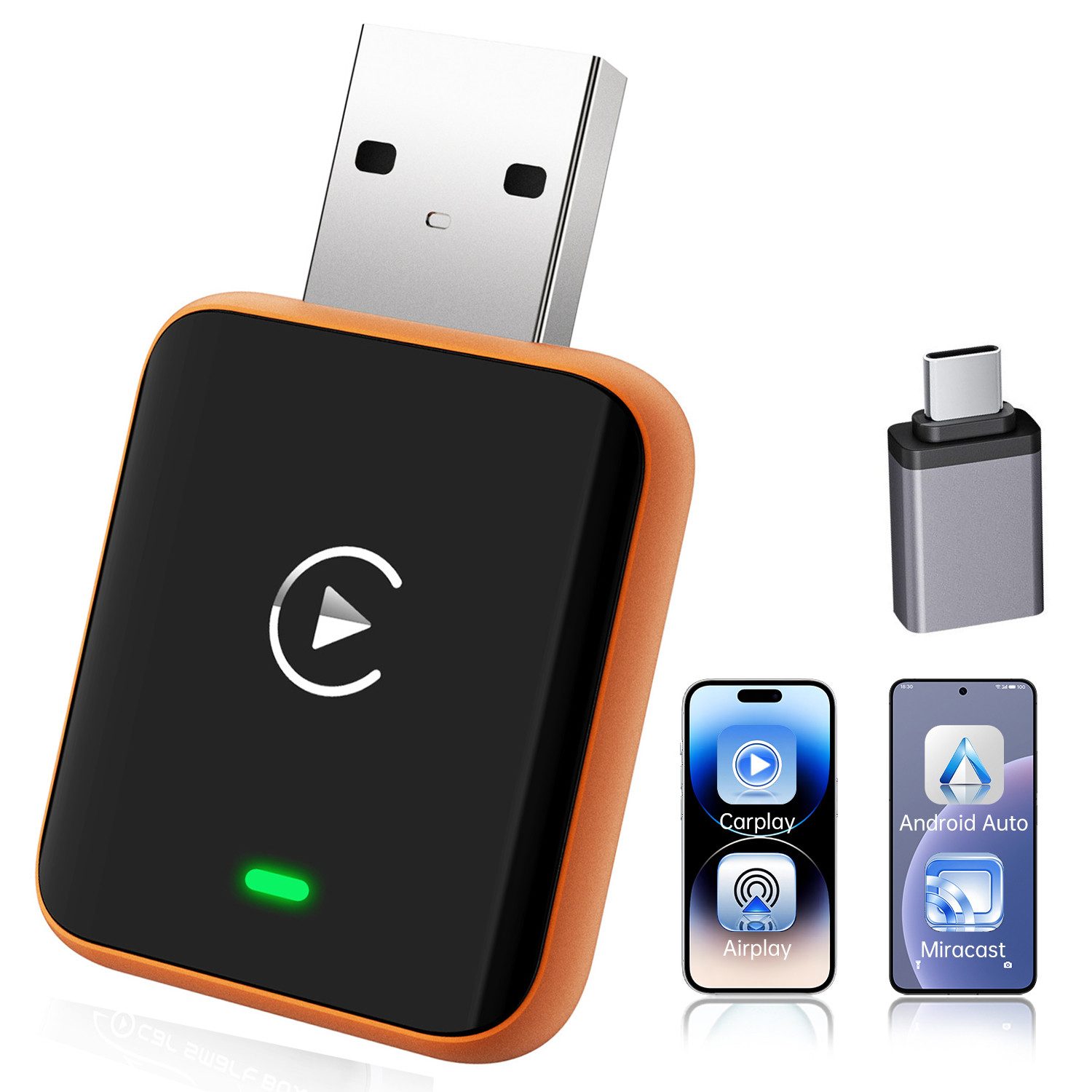 OYLCDI 4-in-1 Wireless CarPlay und Android Auto Adapter, Adapter zu Kompatibel, USB Typ A, mit iOS 10+ und Fahrzeugen mit kabelgebundenem CarPlay