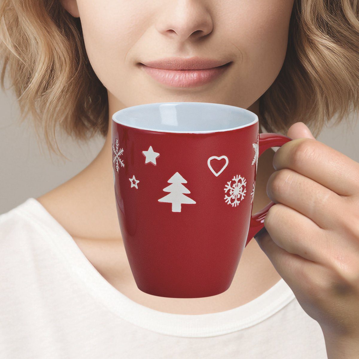 matches21 HOME & HOBBY Tasse Weihnachtstassen 4er Set einfarbig Skandi Weihnachtsdeko, 4-tlg., Keramik, Tee Kaffee-Becher, Weihnachten, Vintage, rot weiss, 300 ml