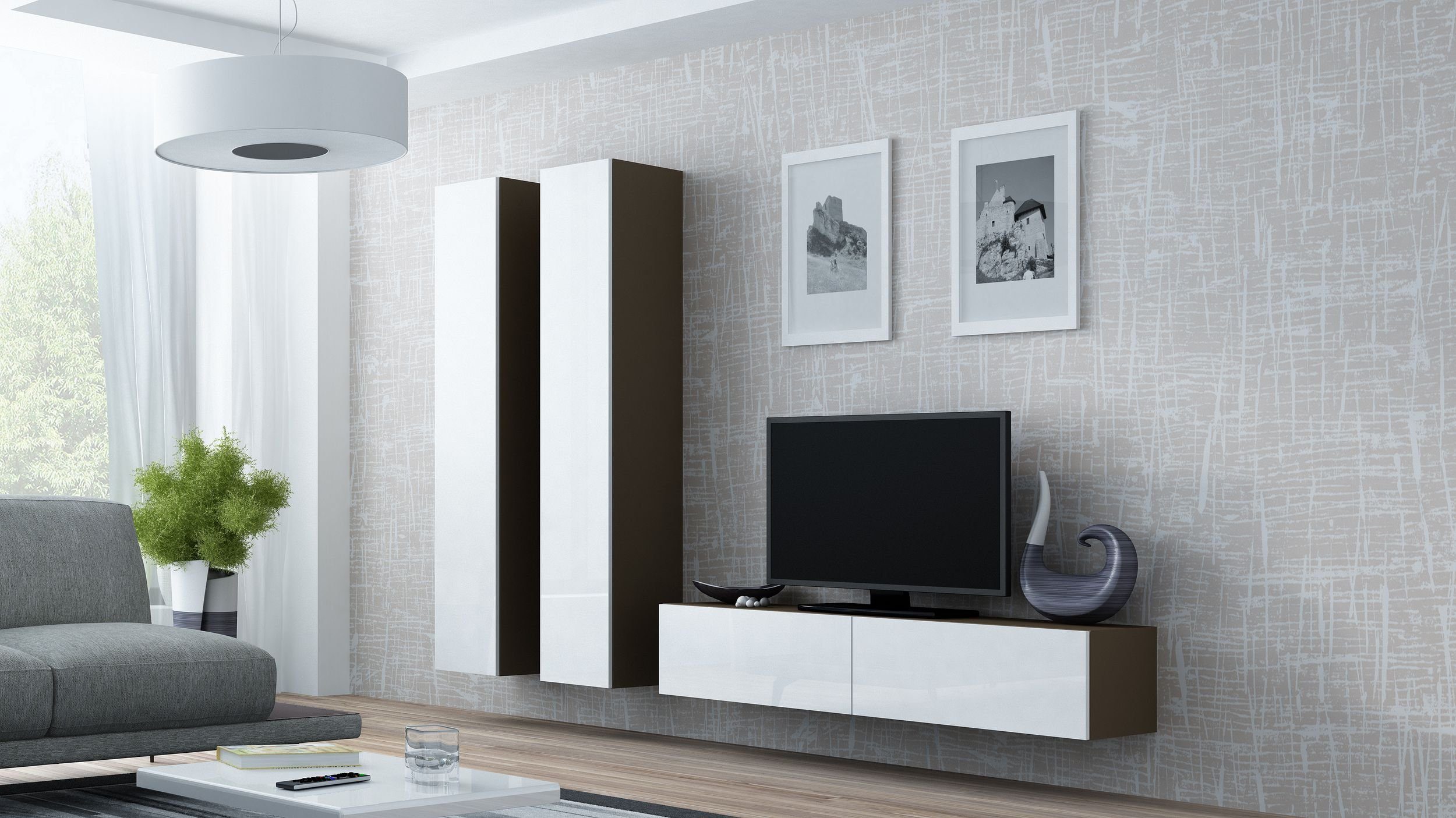 99rooms Wohnwand Vago IX, (Set (3-St), Wohnmöbel, Wohnzimmer-Set), 1xLowboard und 2xHängeschrank, Hochglanzfronten, mit Push-to-Open