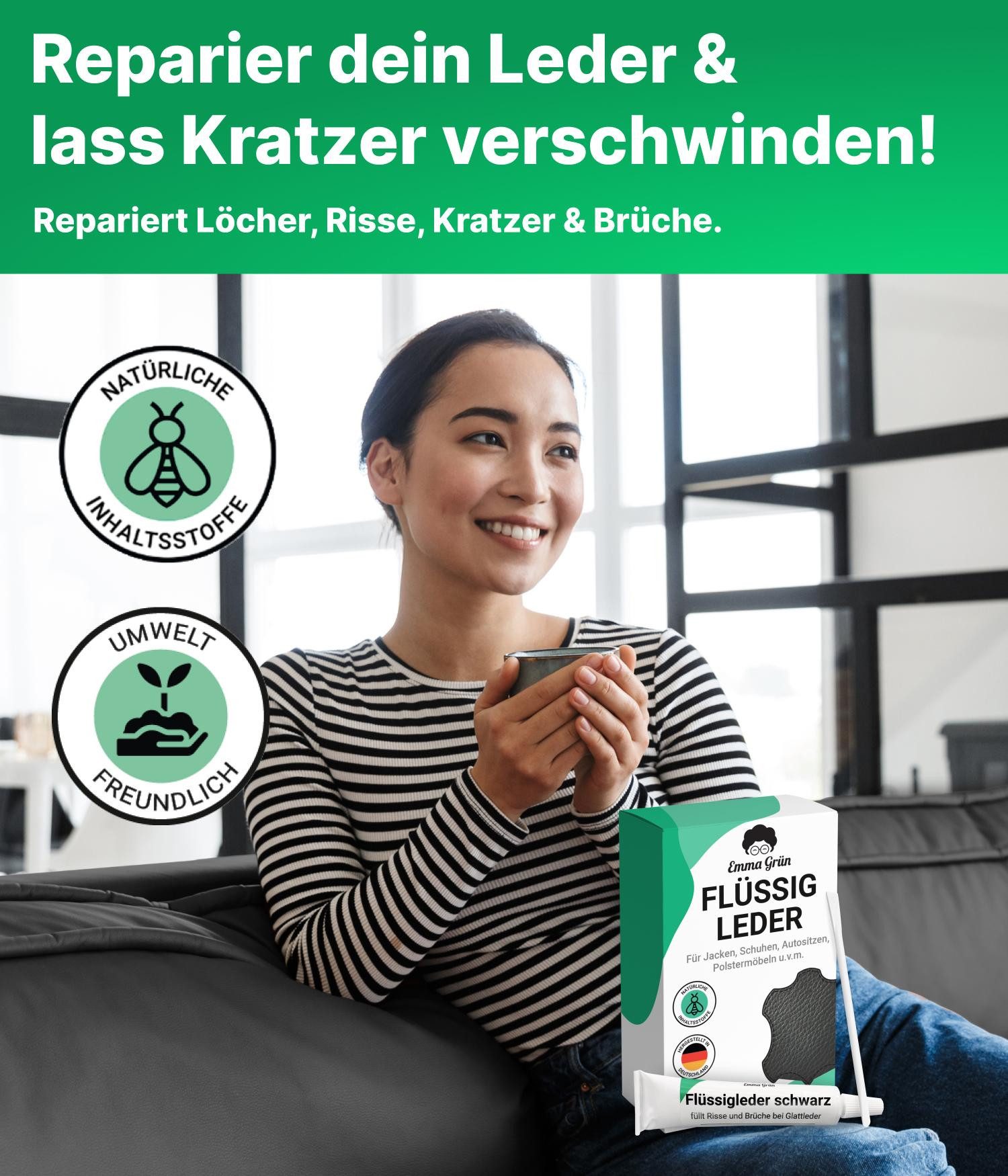 Emma Grün Reparatur-Set Flüssigleder Schwarz 7 ml inkl. Spachtel, Set zum Füllen von Rissen & (Brand)Löchern, aus deutscher Manufaktur
