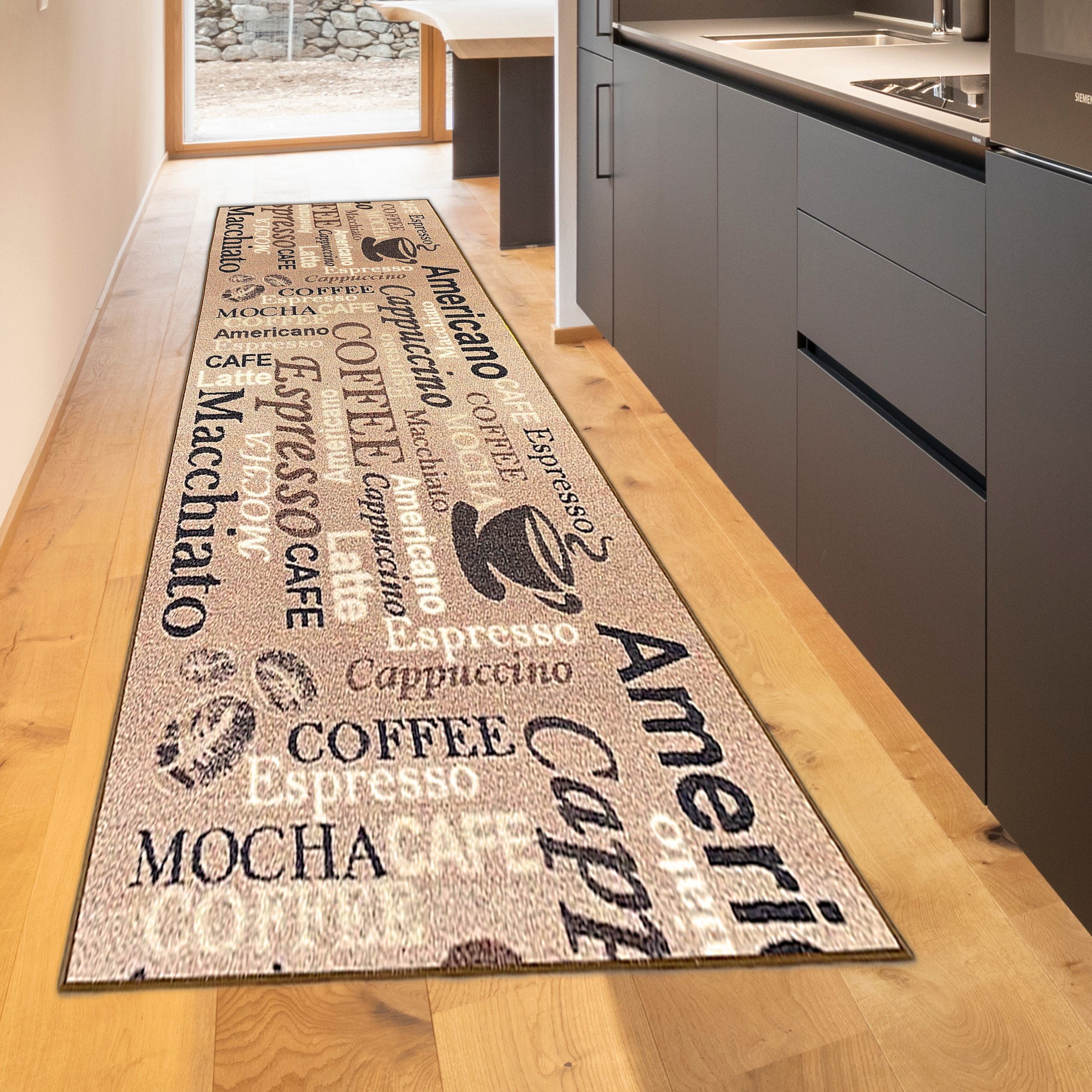 TeppichHome24 Teppich Küchenläufer mit Kaffee-Motiv – Rutschfester und stilvoller Beige, rechteckig, Höhe: 0.5 mm