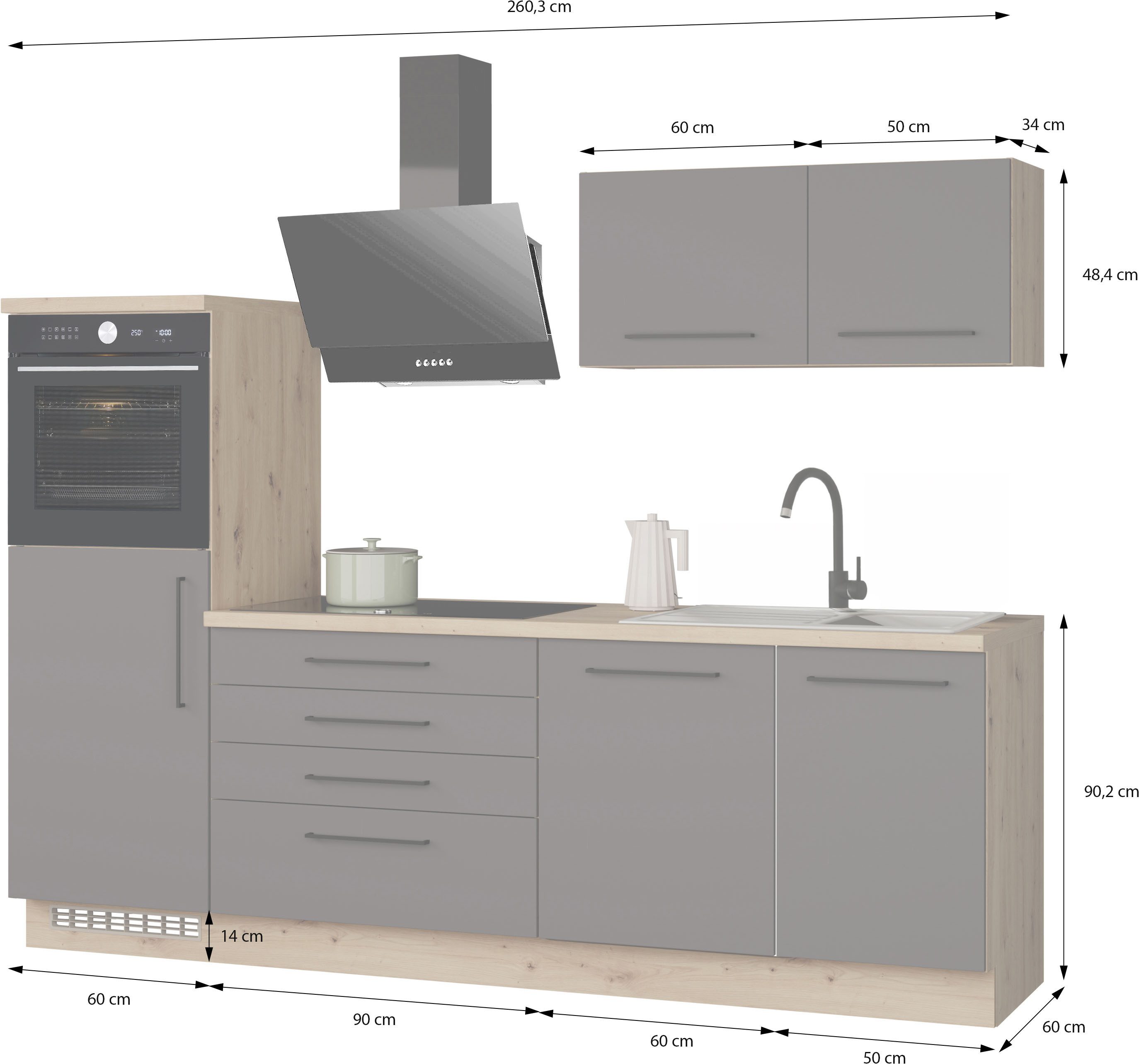KOCHSTATION Küchenzeile KS-Nova, Breite 260 cm, wahlweise mit Hanseatic-E-Geräten