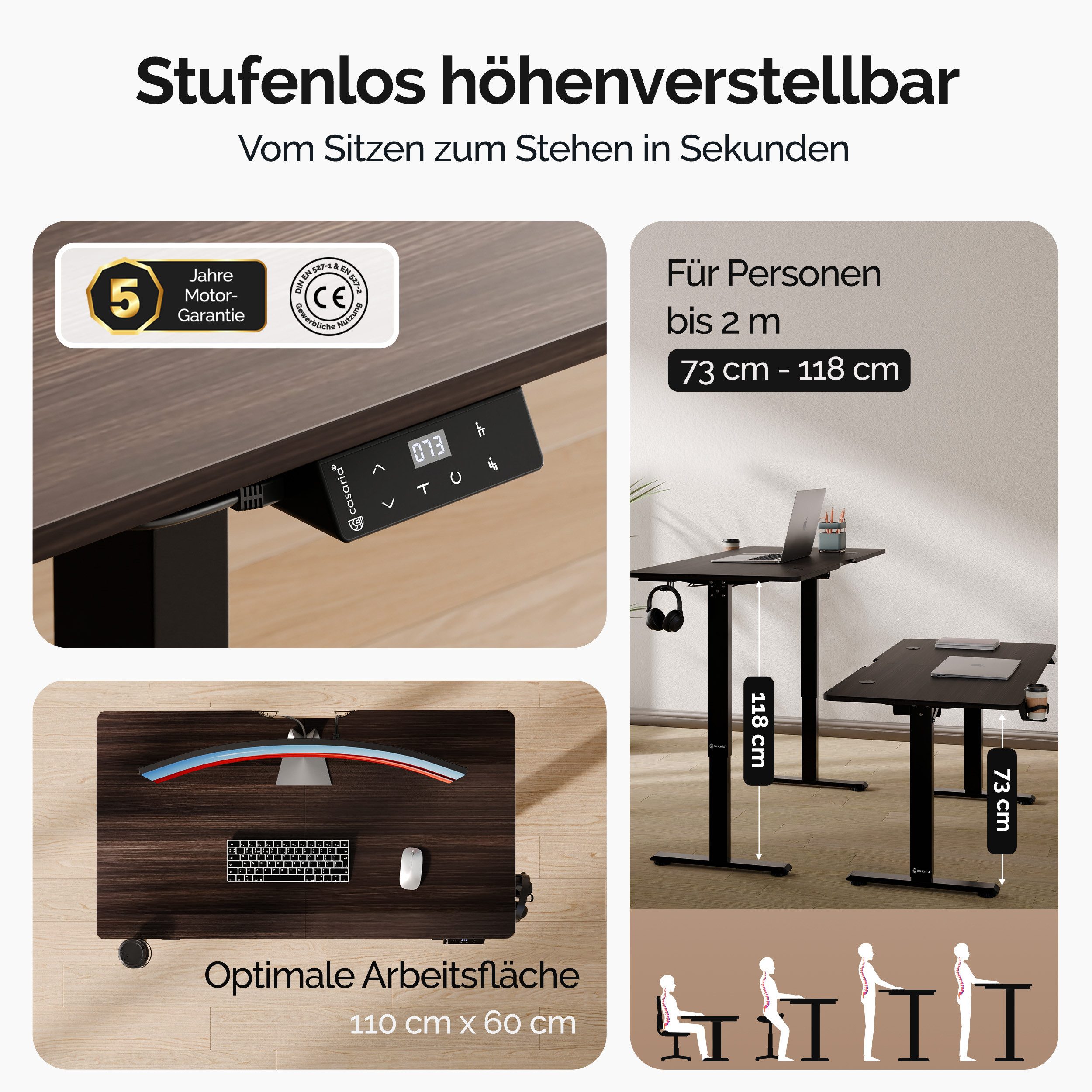 Casaria Schreibtisch, Elektrisch LCD- Display 73-118cm Stahlgestell Zubehör günstig online kaufen