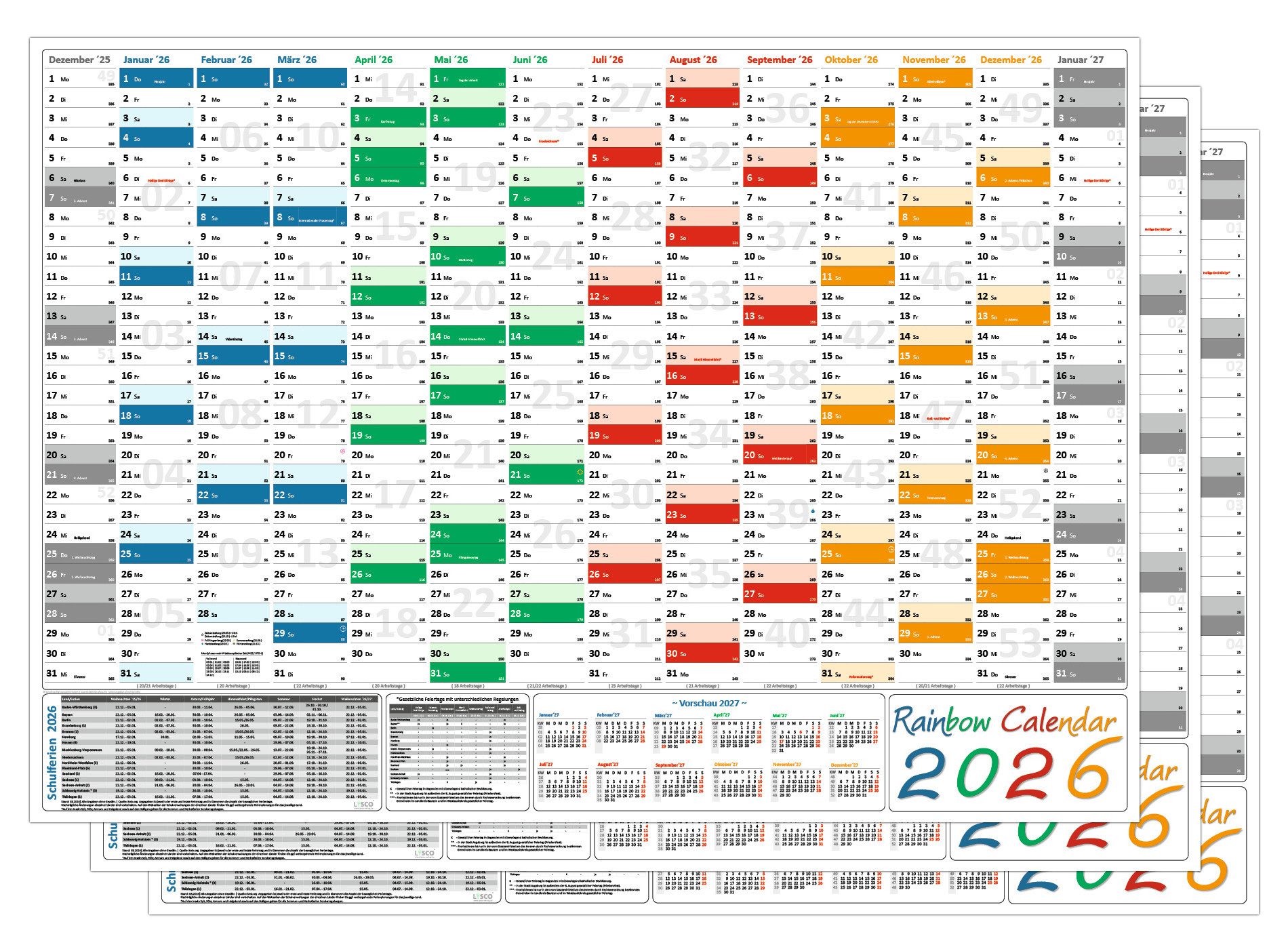 LYSCO Wandkalender Rainbow Wandplaner DIN A1 / DIN A2 - 2026, DIN A1 Format (594 x 841 mm) - DIN A2 Format (420 x 594 mm) Darstellung 14 Monate mit Jahresvorschau Folgejahr, und Ferientermine / Feiertage aller Bundesländer