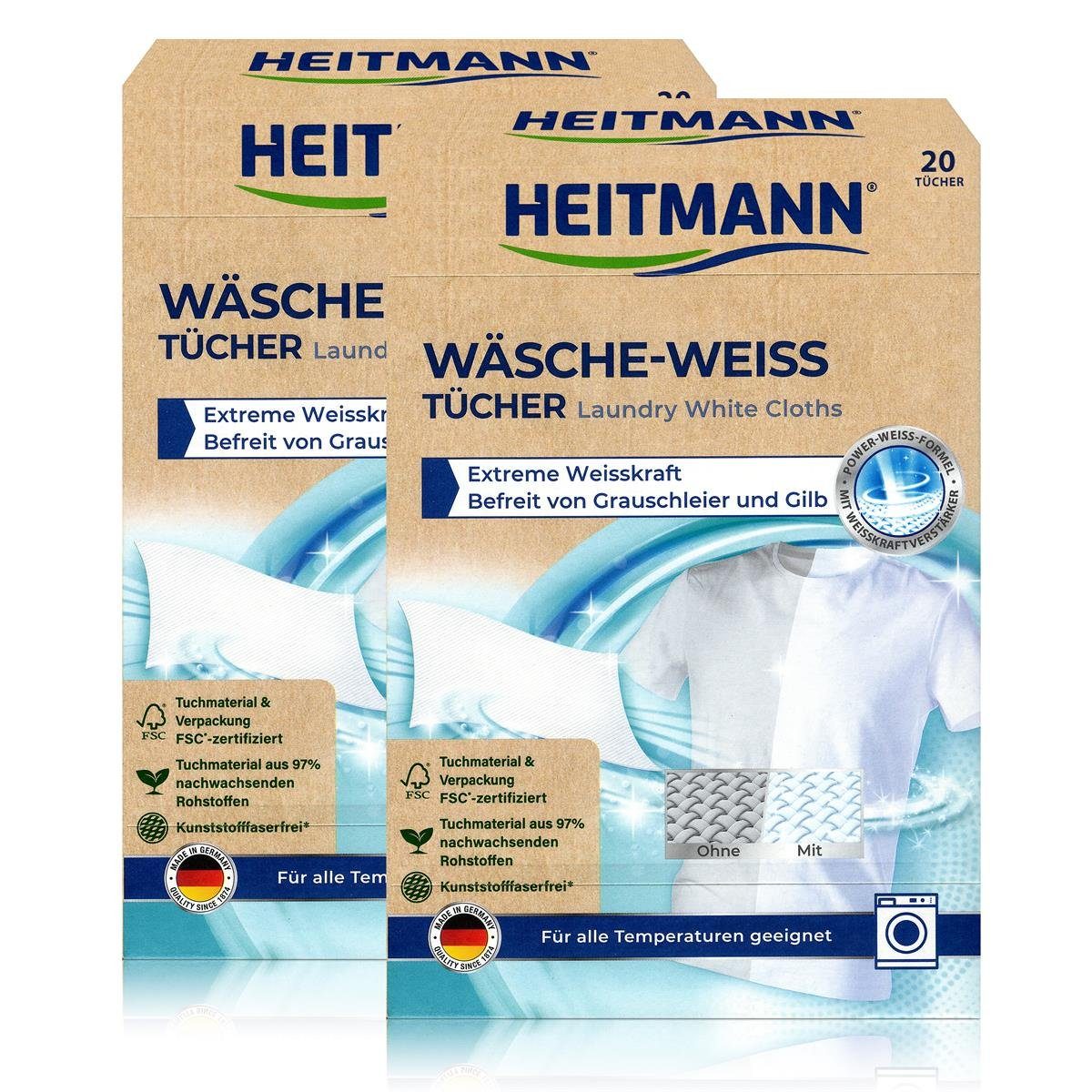 HEITMANN Textilfarbe Heitmann Wäsche Weiss Tücher (20 Tücher) - Kraftvolles Weiß (2er Pack)