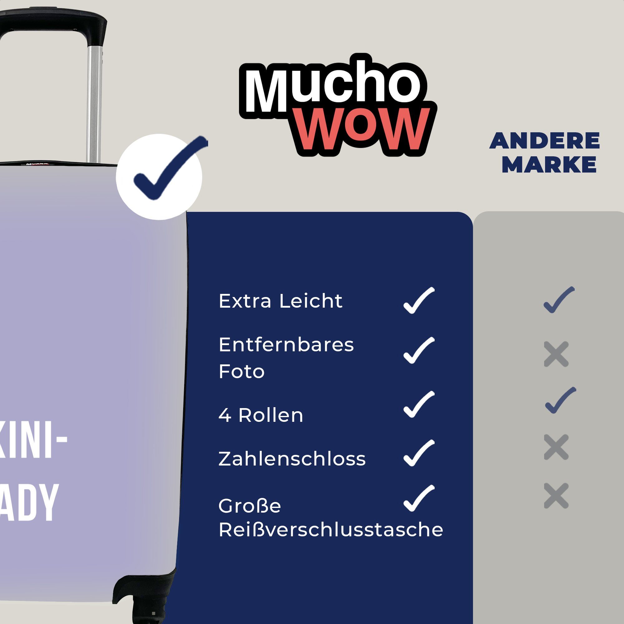 MuchoWow Handgepäckkoffer Ich bin bereit - Zitat, Reisekoffer mit 4 für rollen, für Reisetasche Ferien, Bikini Rollen, Handgepäck Lila - Trolley, den